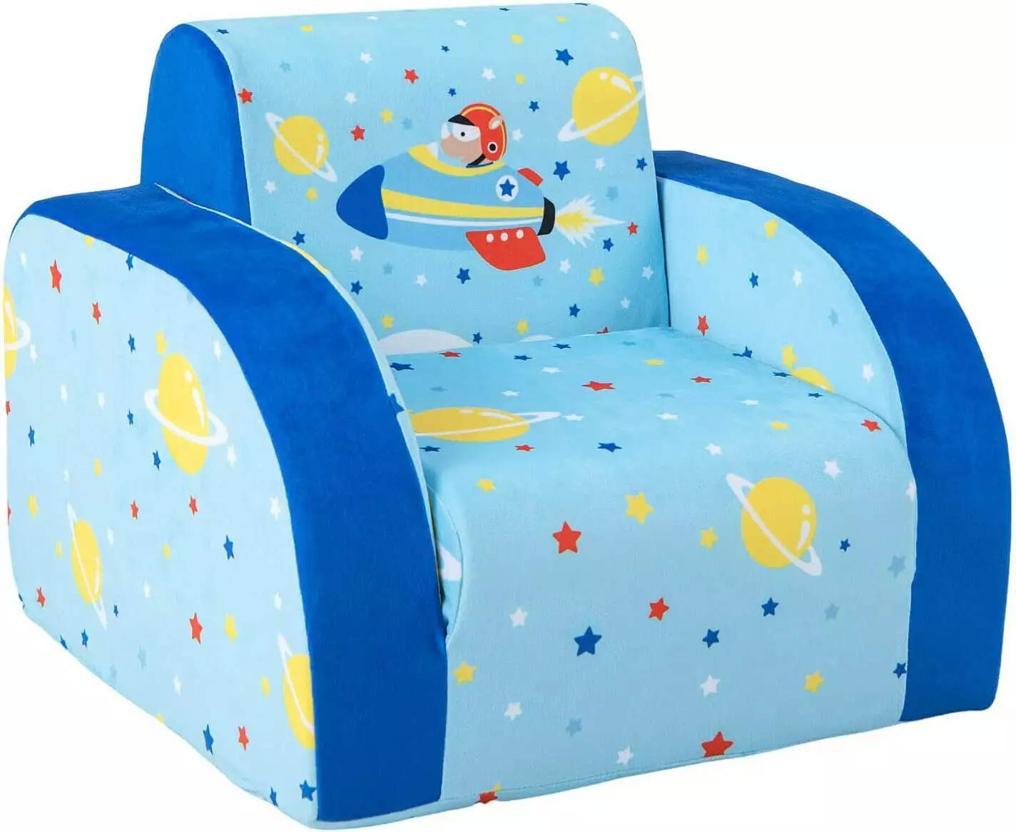 Kids Sofa. 3 in 1 Convertible Flip Open Couch w/Foam-Padded Seat. Velvet Fabric. Toddler Armrest Chair Bed for Nap Play Sleep. Fold Out Lounger. Ideal Gift for 0-3 Years Old (Space Airplane)