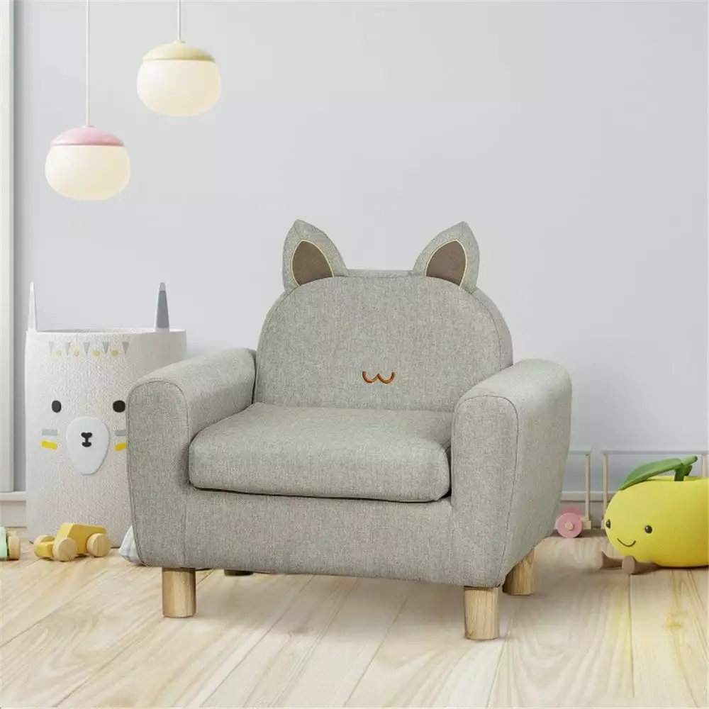 Kids Sofa with Solid Wooden Frame for 3-5. Linen Children Upholstery Sofa Chair with Cat-Shaped Backrest & Armrest for Nursery. Kindergarten. Playroom & Preschool. Gift for Boys Girls. Grey