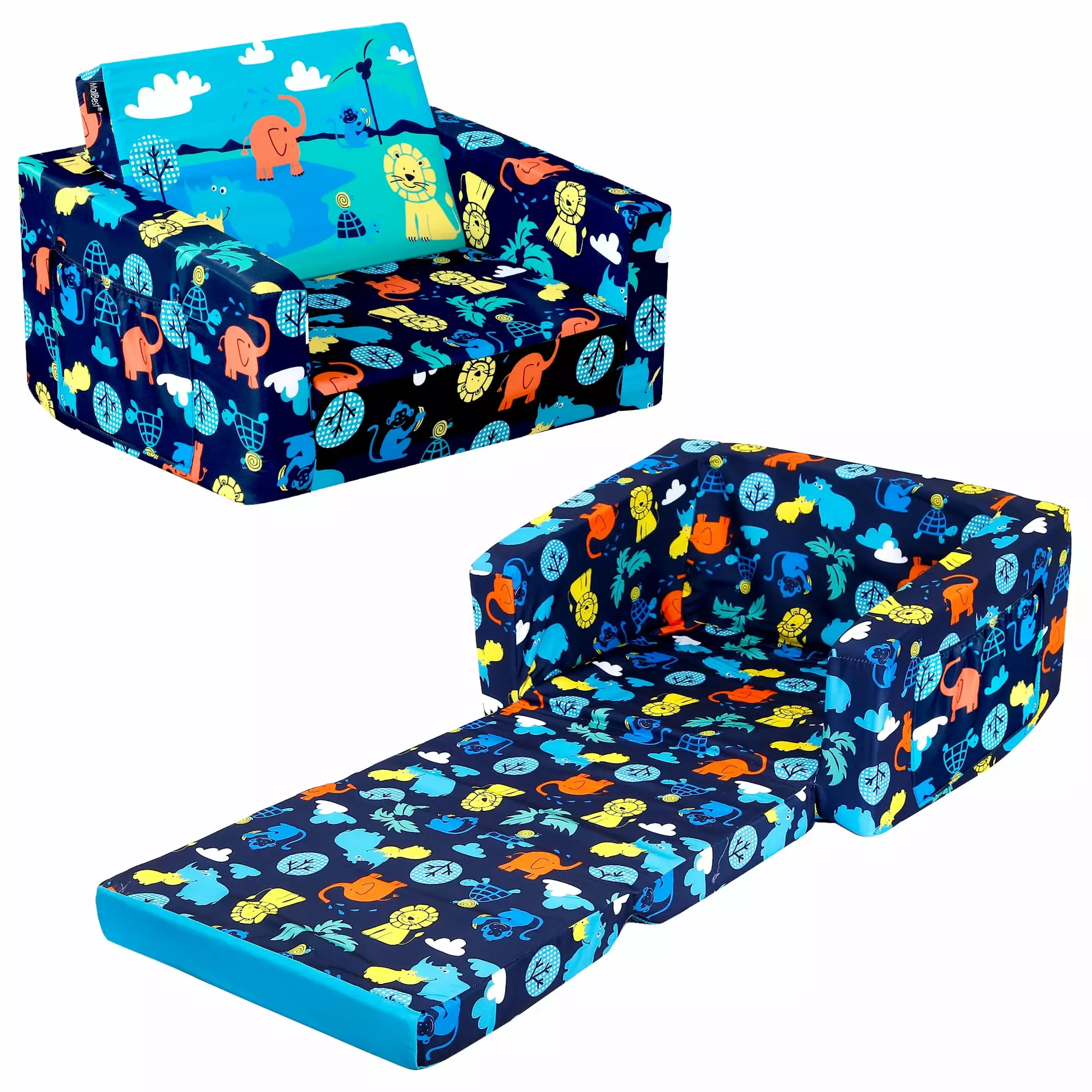 Kids Sofas Children's Sofa Bed Baby's Upholstered Couch Sleepover Chair Flipout Open Recliner(Blue/Jungle)