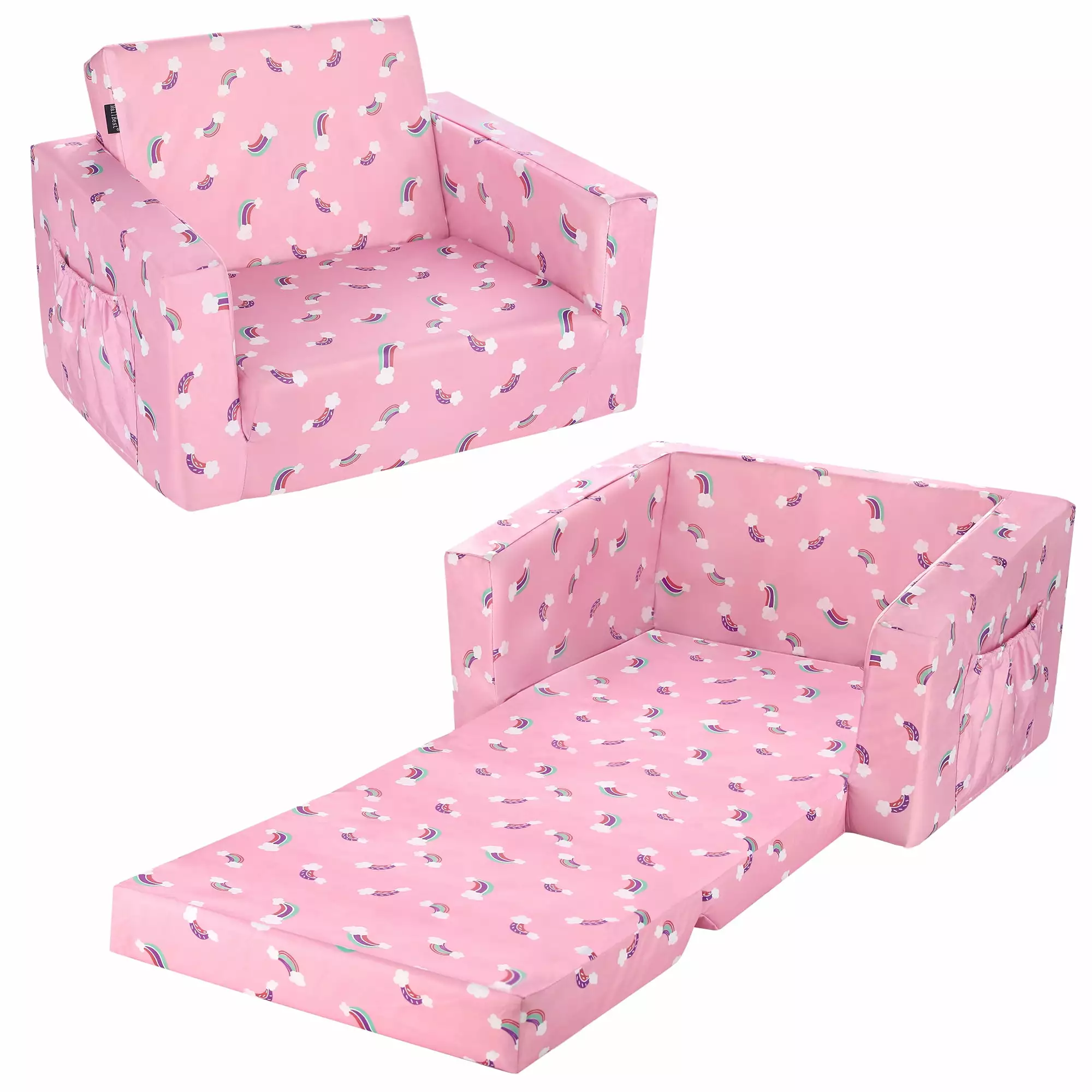 Kids Sofas Children's Sofa Bed Baby's Upholstered Couch Sleepover Chair Flipout Open Recliner(Pink/Rainbow)