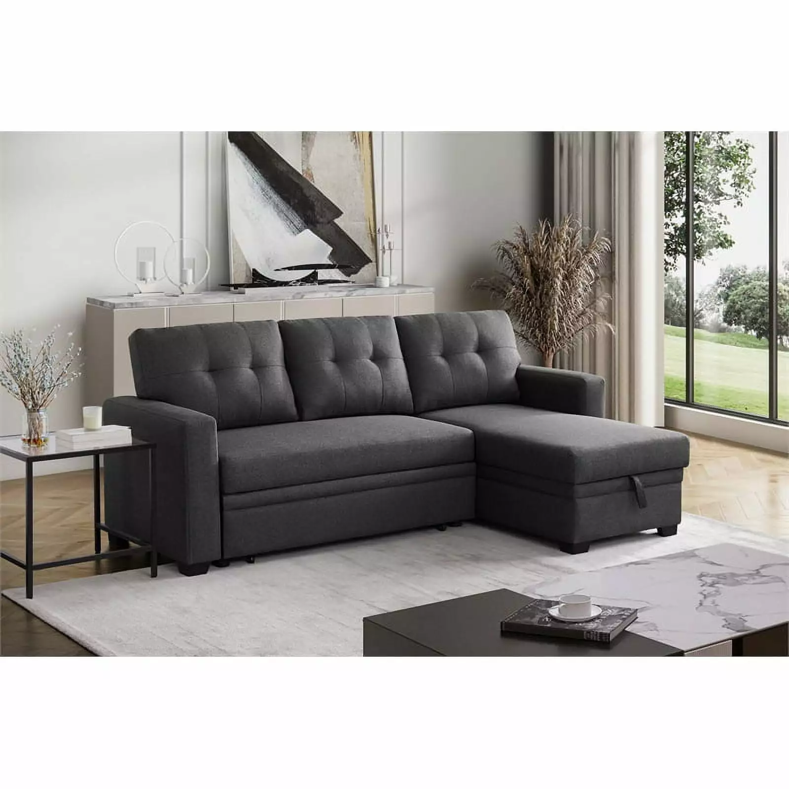 Kingfisher Lane Transitional Fabric Reversible Sleeper Sectional in Dark Gray