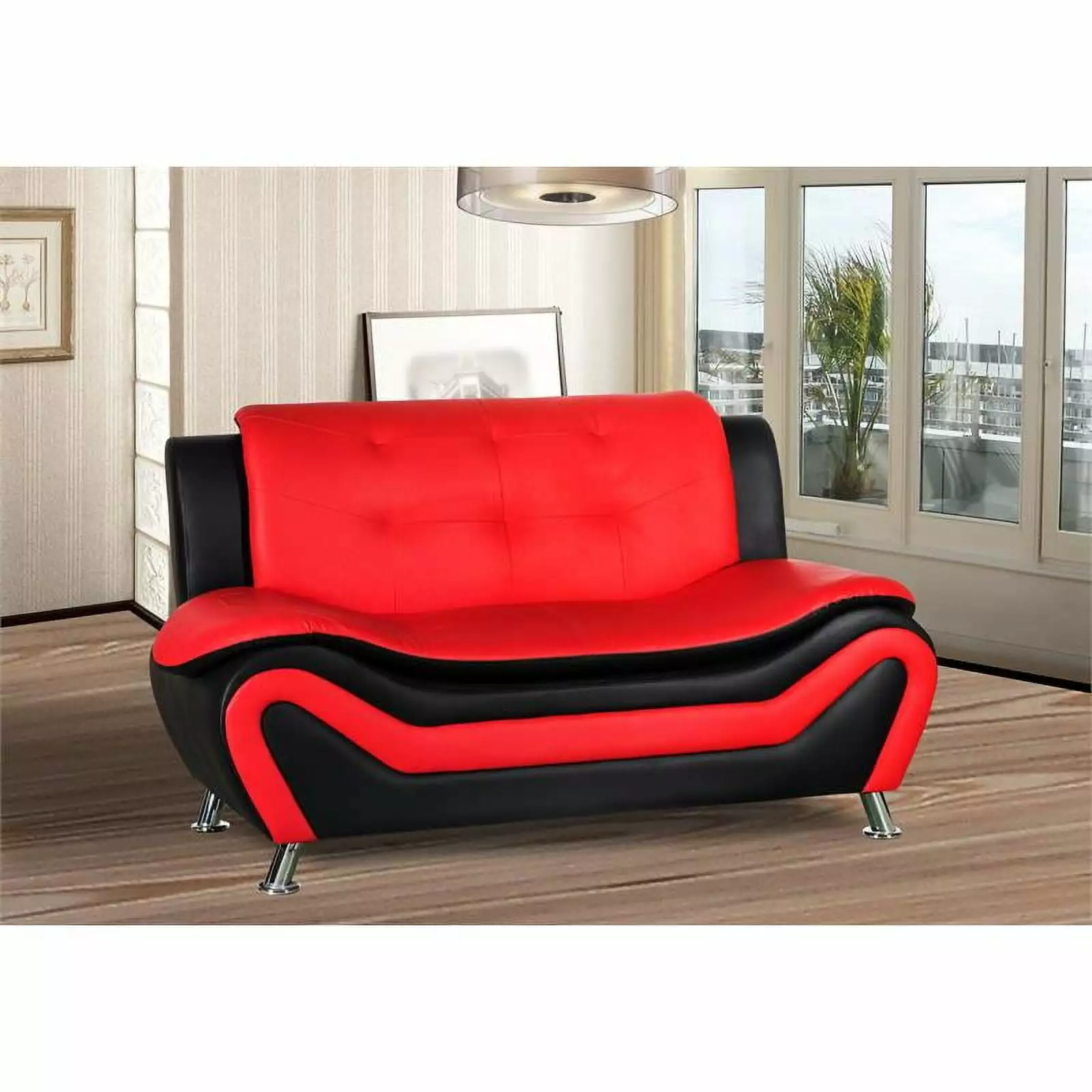 Kingway Furniture Gilan Modern Faux Leather Living Room Loveseat in Black/Red