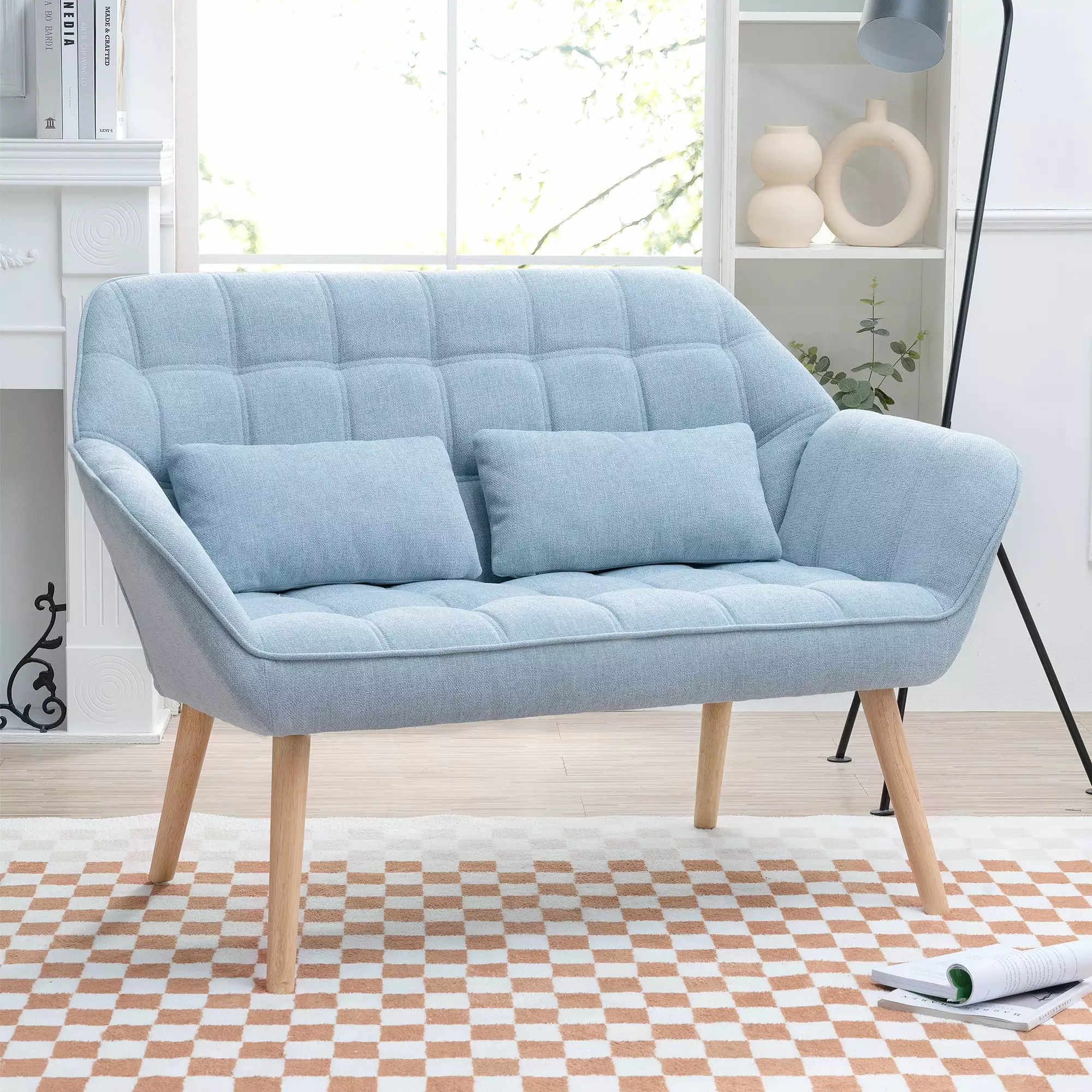 Knubmt 2 Seat Loveseat Sofa with Pillow and Wood Legs. Fabric Sofa for Home. Office. Bedroom. Blue