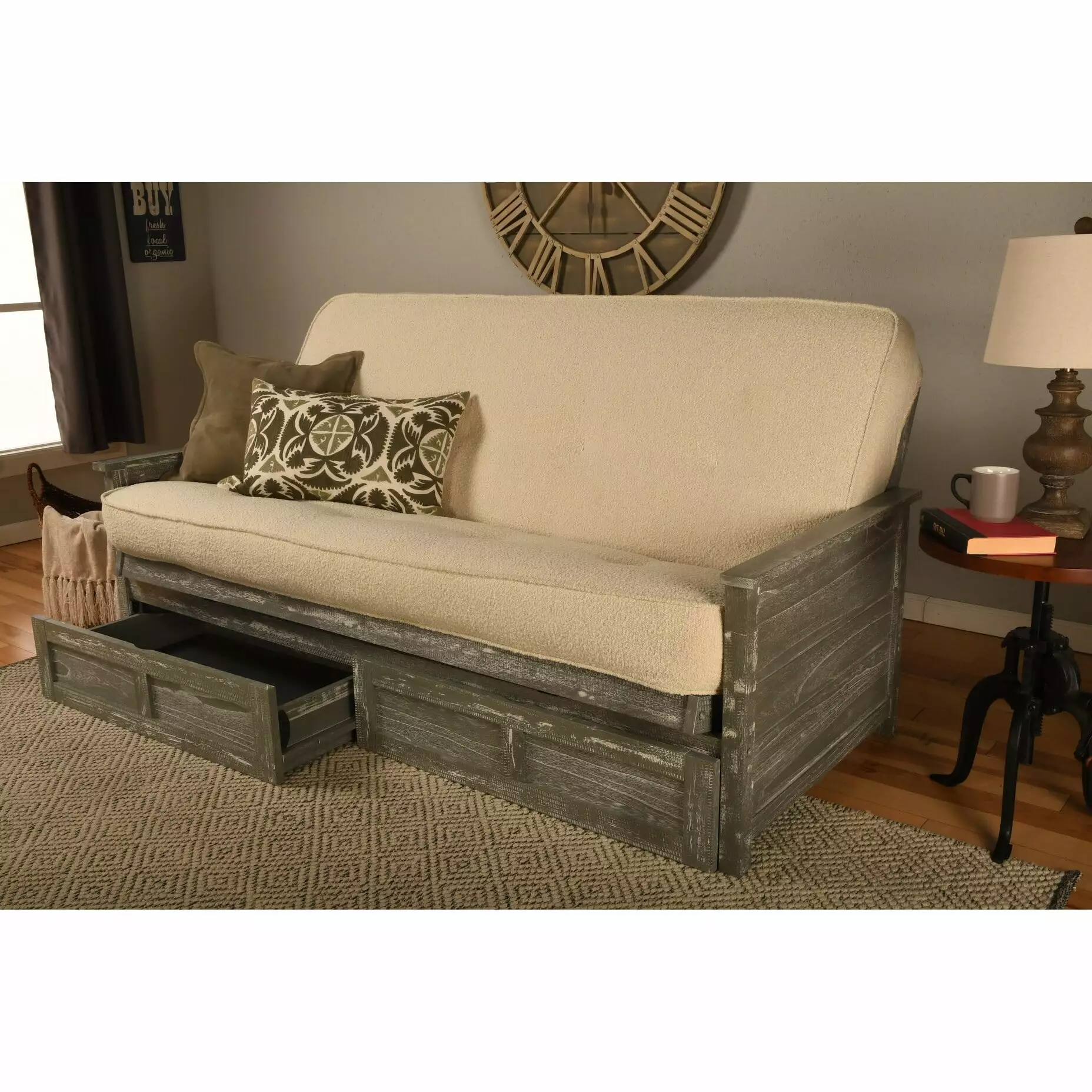 Kodiak Furniture Lexington Storage Futon in Weathered Gray w/ Cream Mattress