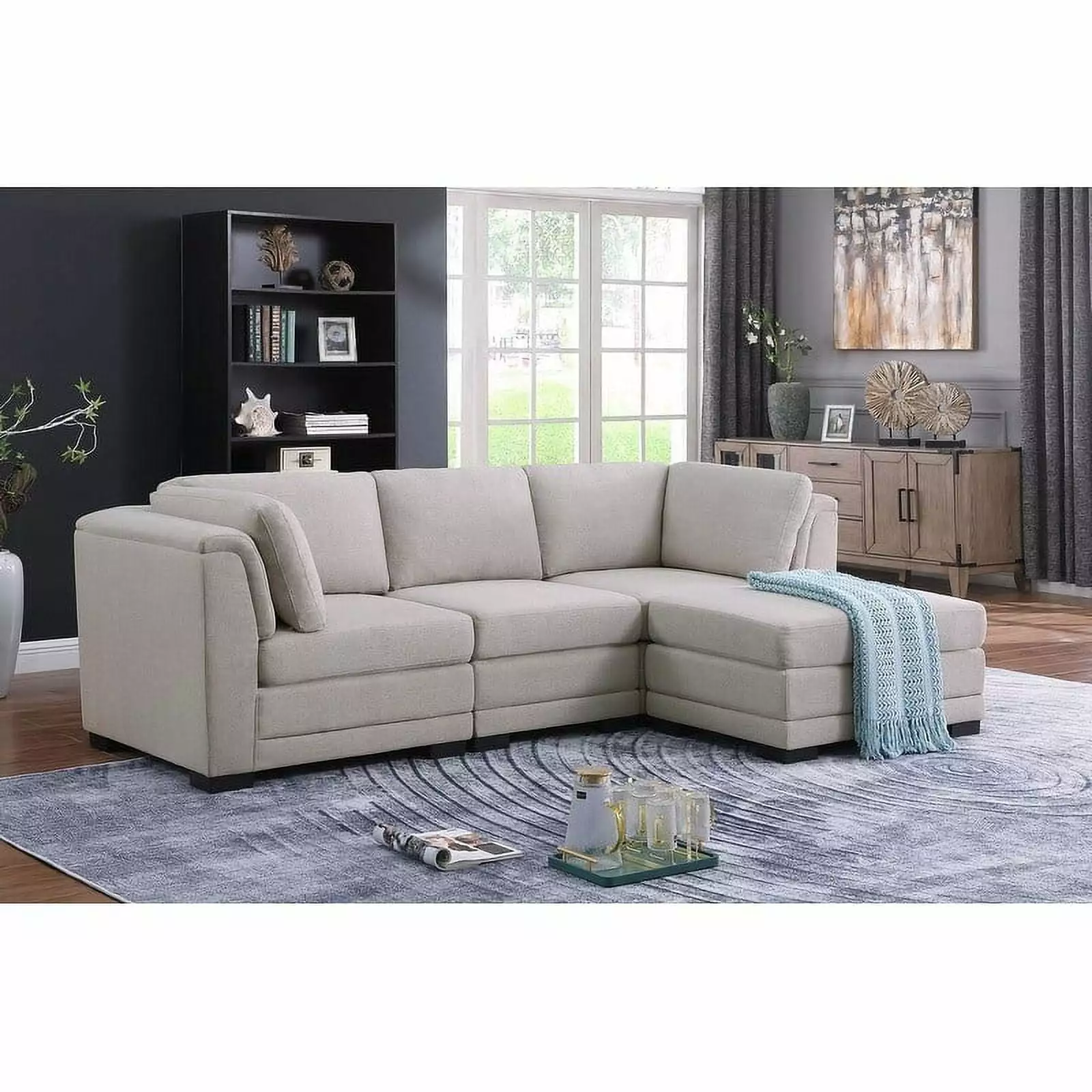 Kristin Light Gray Linen Fabric Reversible Sectional Sofa with Ottoman