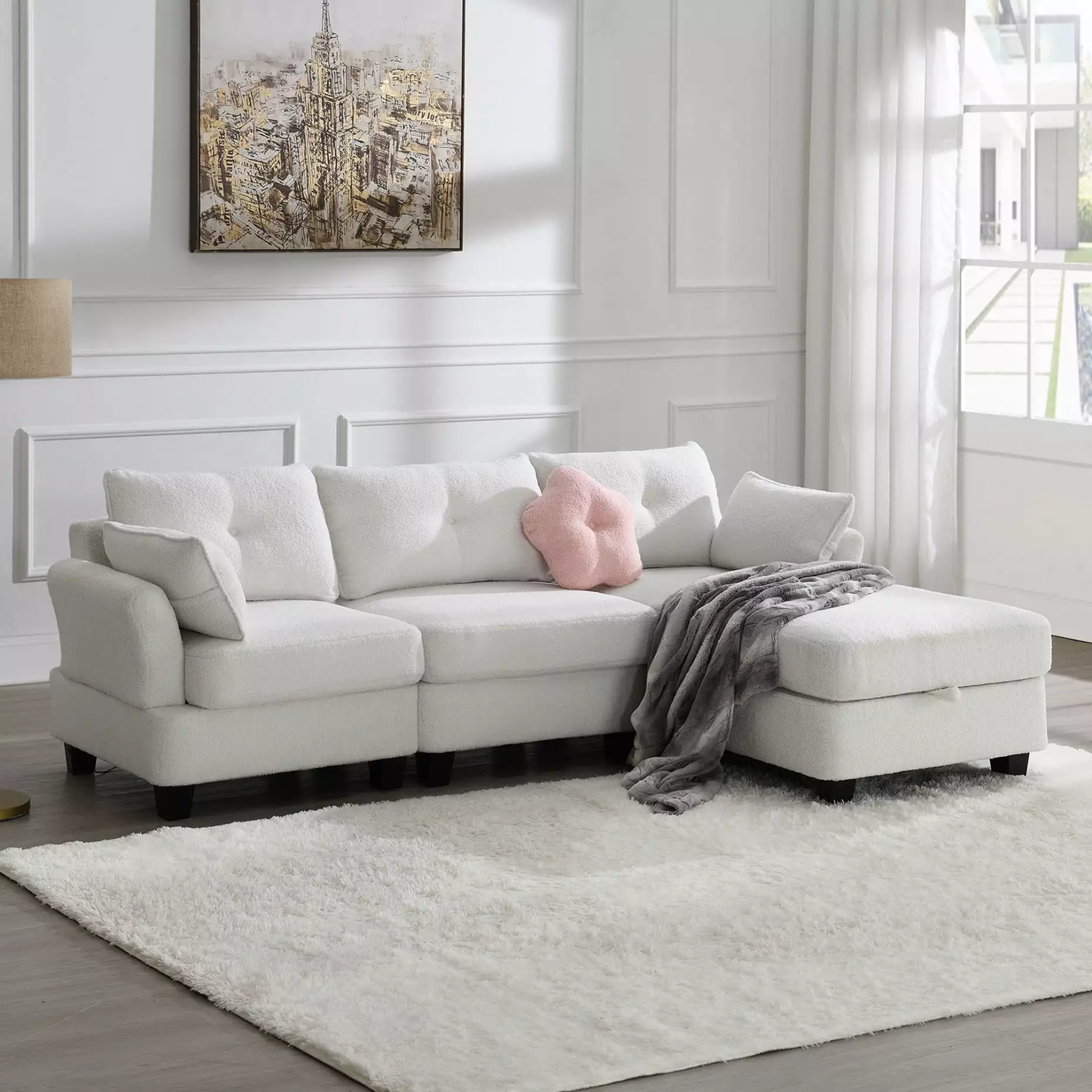 Modern Teddy Velvet Sectional Sofa.Charging Ports on Each Side.L-shaped Couch with Storage Ottoman and 3 Pillows.4 Seat Sofa for Living Room.Apartment.Beige