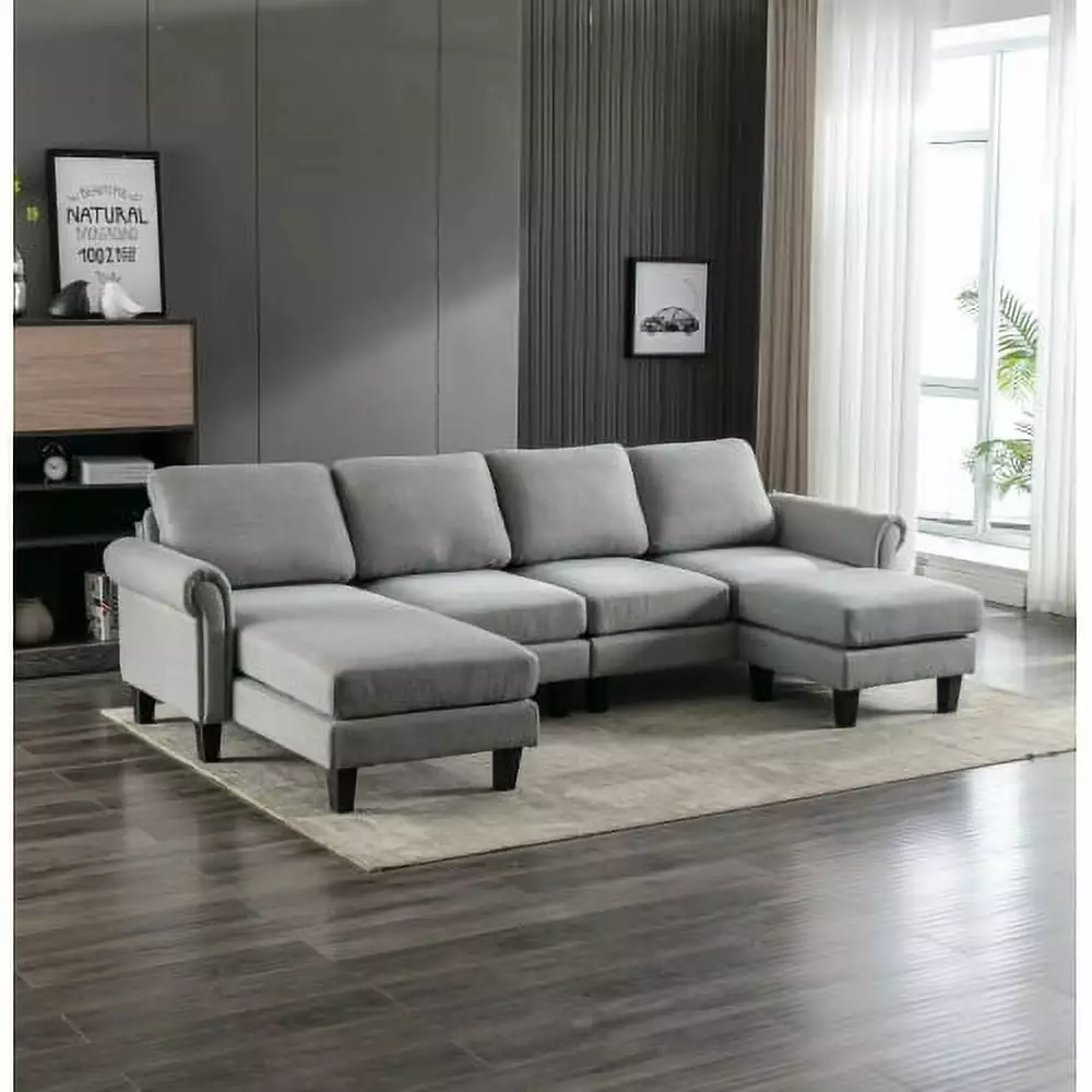 L-Shape Modular Sectional Sofa. Accent Sofa with Movable Ottoman. Upholstered Linen Fabric Sofa Couch with Rolled Arm and Wood Leg. Convertible Sofa for Living Room Apartment Office. 108W-Light Grey