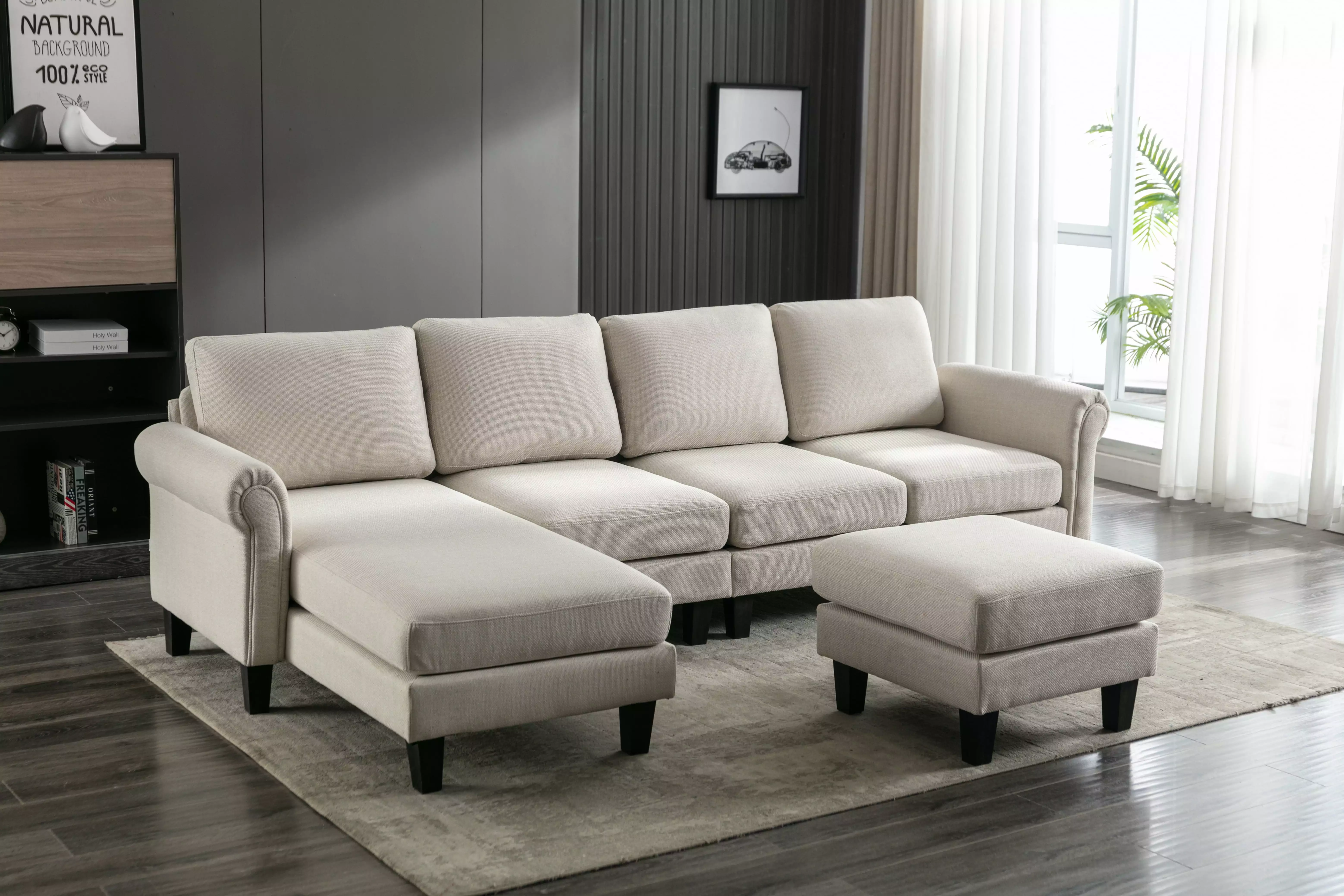 L-Shape Modular Sectional Sofa. Modern Upholstered Accent Sofa with Movable Ottoman. U-Shaped Corner Sofa with Armrest and Wood Legs. Lounge Couch Sofa for Living Room Bedroom Apartment. Beige