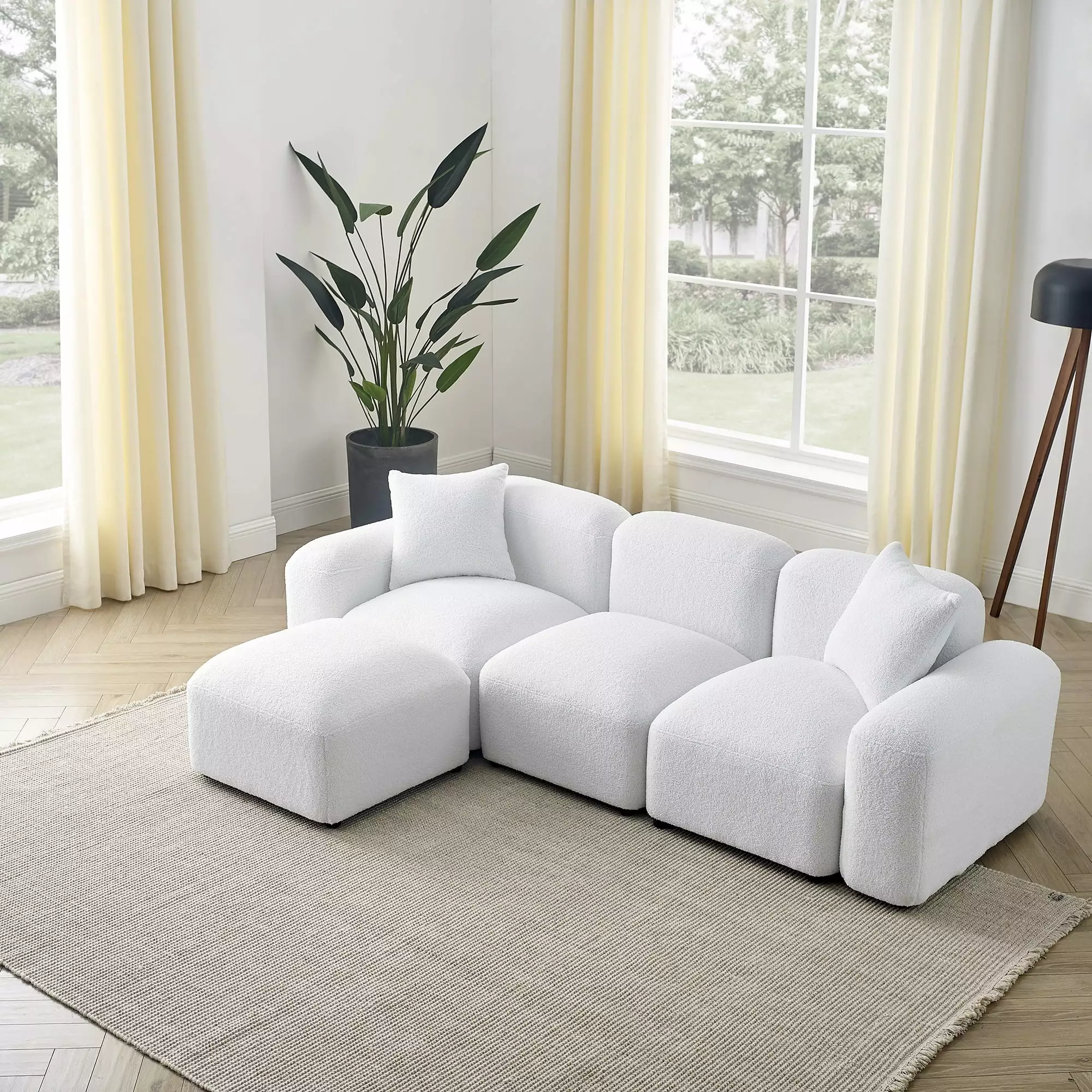 L-Shape Modular Sectional Sofa.Teddy Fabric Convertible Deep Sectional Sofa Furniture Set.DIY Combination. 4-Seater Sofa.Suitable for Living Room.Reception Room.White