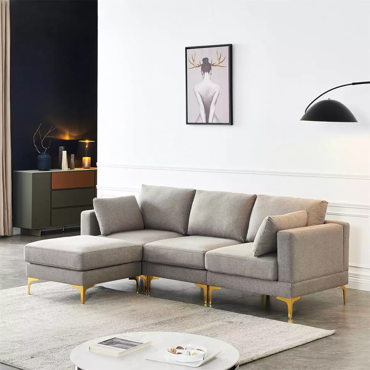 L Shape Sectional Couch. Modern Sectional Chaise Upholstered Leisure Sofa with Golden Metal Legs. 3-seat Sectional Corner Couch for Small Apartment Living Room. 92.9L x 59.8W x 31.1H. Grey