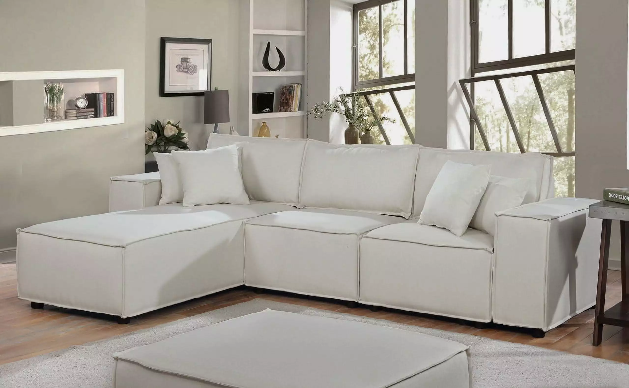 L Shape Sectional Sofa.Convertible Modular Sectional Couch with Reversible Chaise.Linen Fabric Sectional Sofa 4-Seat Couch with 4 Pillows.Accent Sofa Corner Couch for Apartment Office.Beige