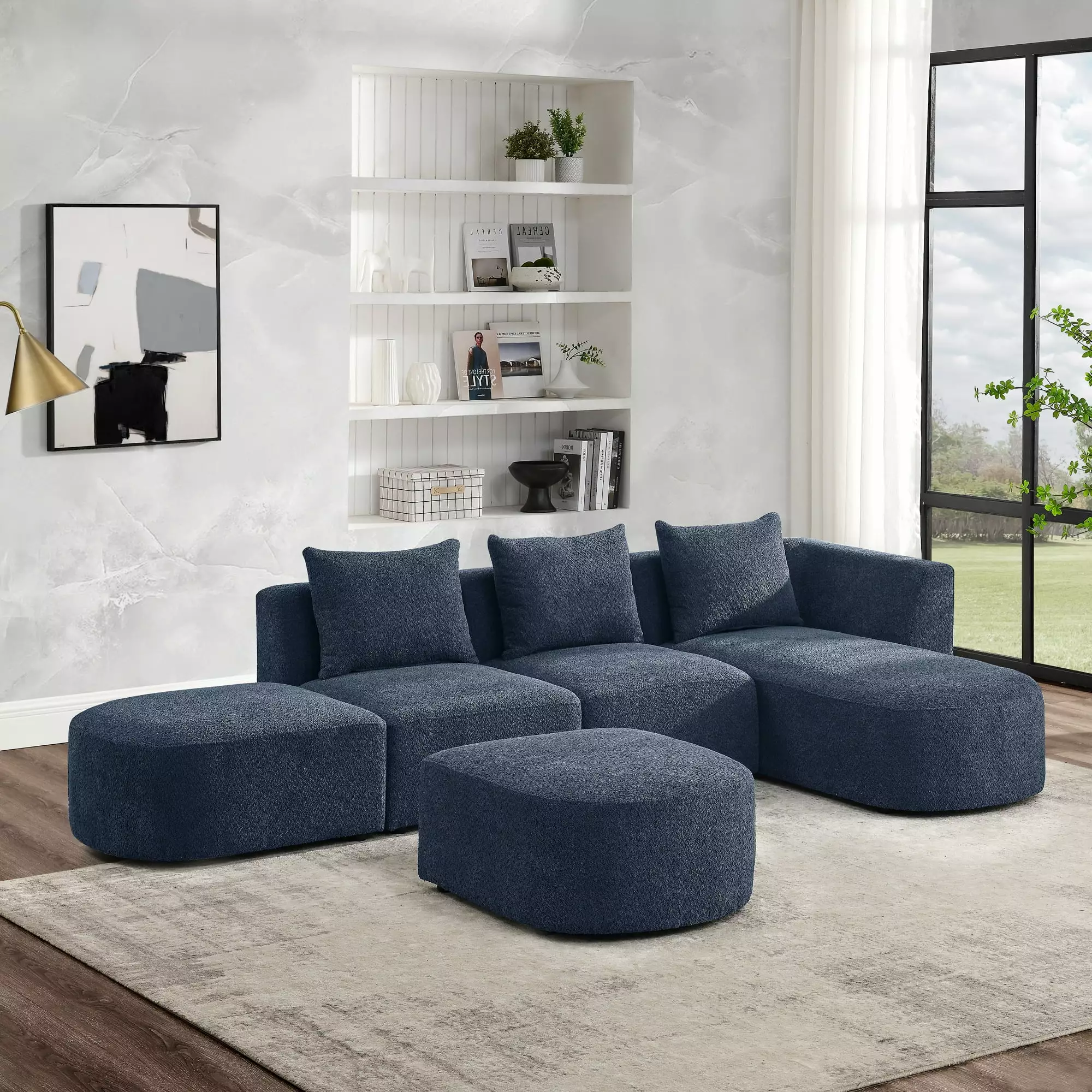 L Shape Sectional Sofa With Right Side Chaise And Ottoman. Modular Sofa. Diy Combination. Loop Yarn Fabric. Navy