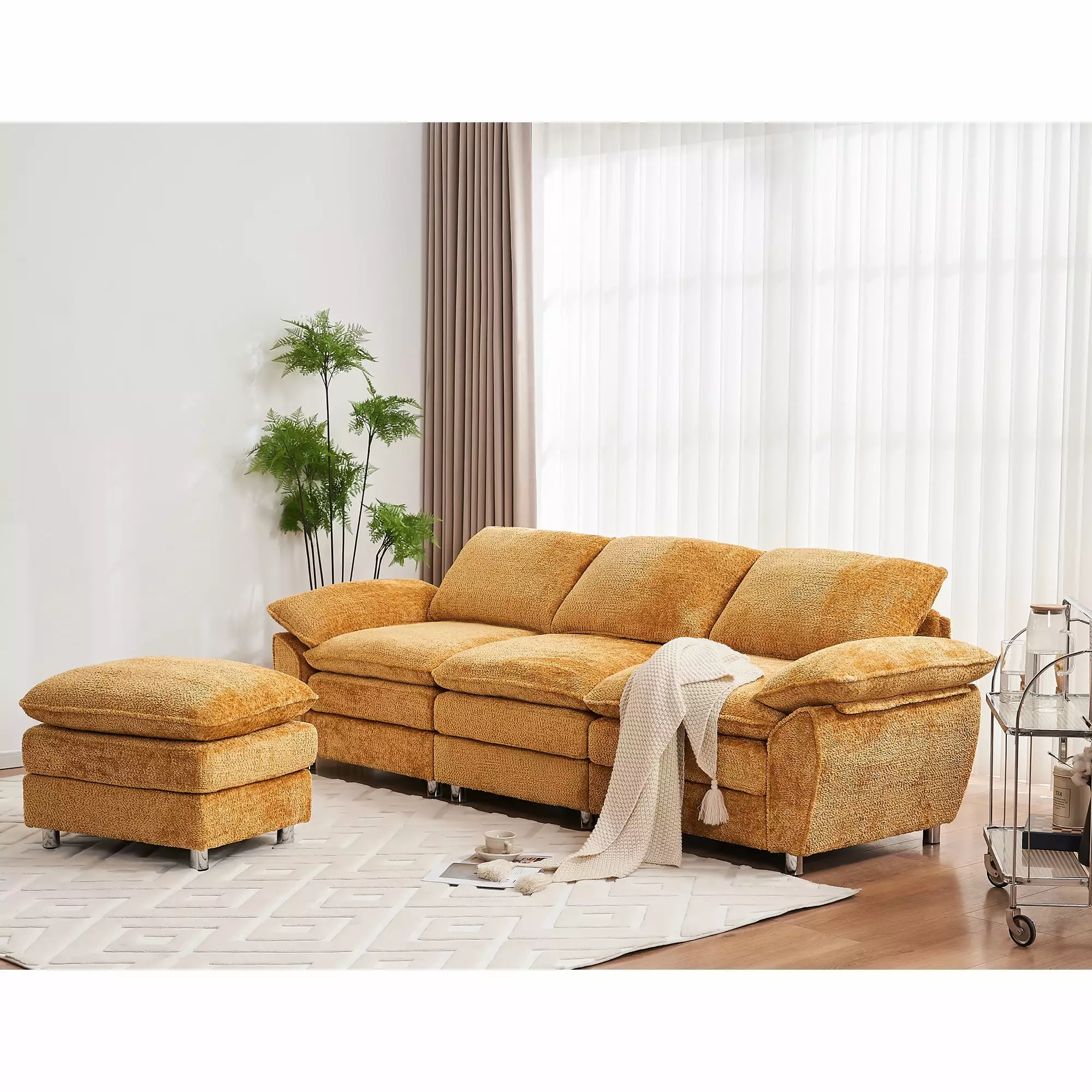 L-Shaped Convertible Modular Sectional Sofa. Modern Deep Seat Reversible Chaises Down Feather Cloud Couch Sleeper Upholstered Sof?? with Movable Ottomans for Home. Apartment Living Room