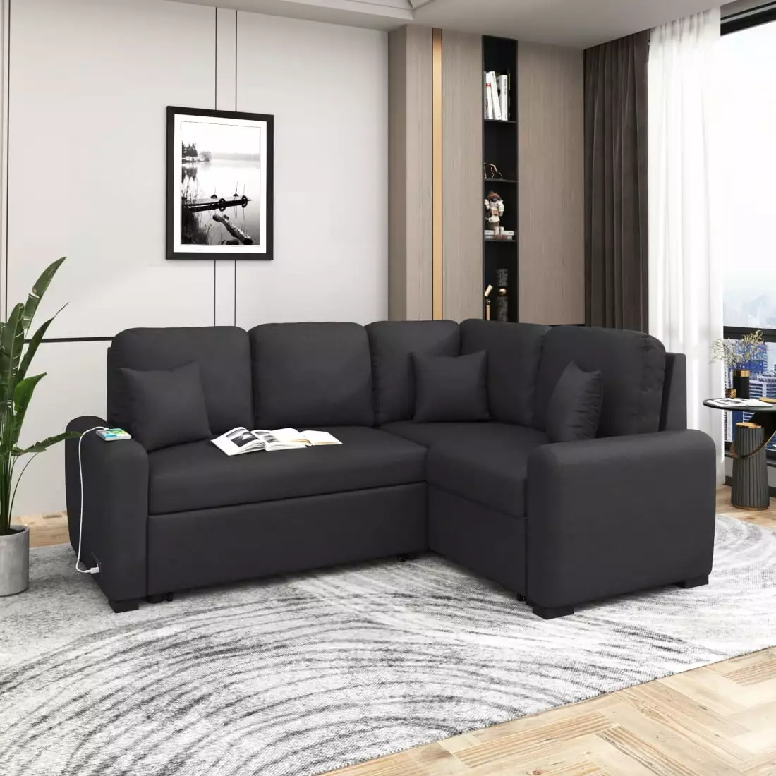 L-Shaped Corner Sectional Sofa with Pull Out Sleeper Couch Bed. 87.4 Sectional Sleeper Sofa with USB Charging Port and Plug Outlet. Modern Linen Upholstered L-Shape Chaise for Living Room. Black