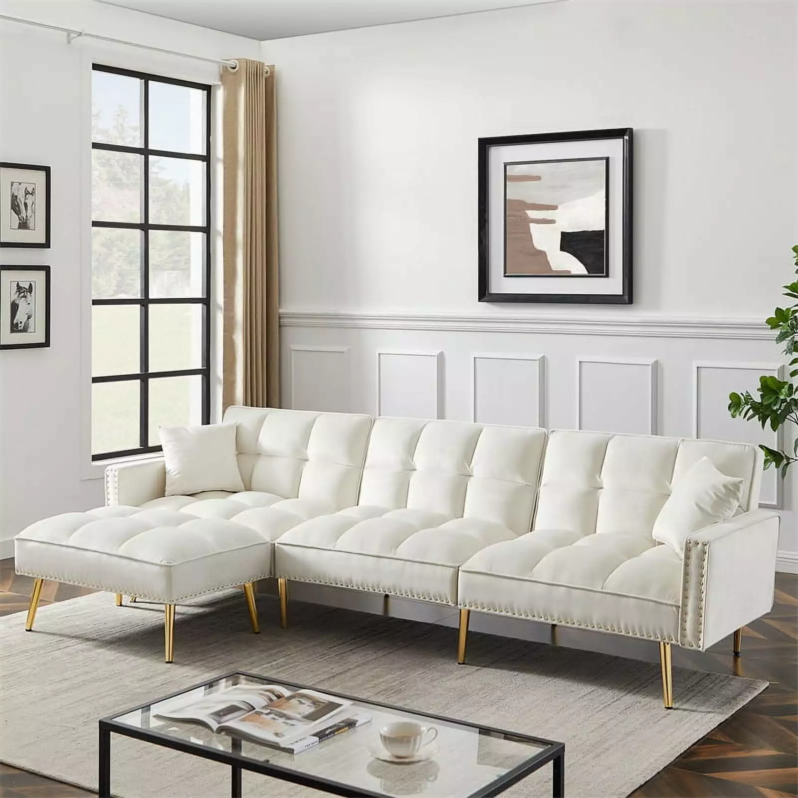 L-Shaped Modular Sectional Sofa. Modern Velvet Upholstered Reversible Sectional Sofa with Movable Ottoman and Nailhead Trim for Living Room. Apartment (Cream White)