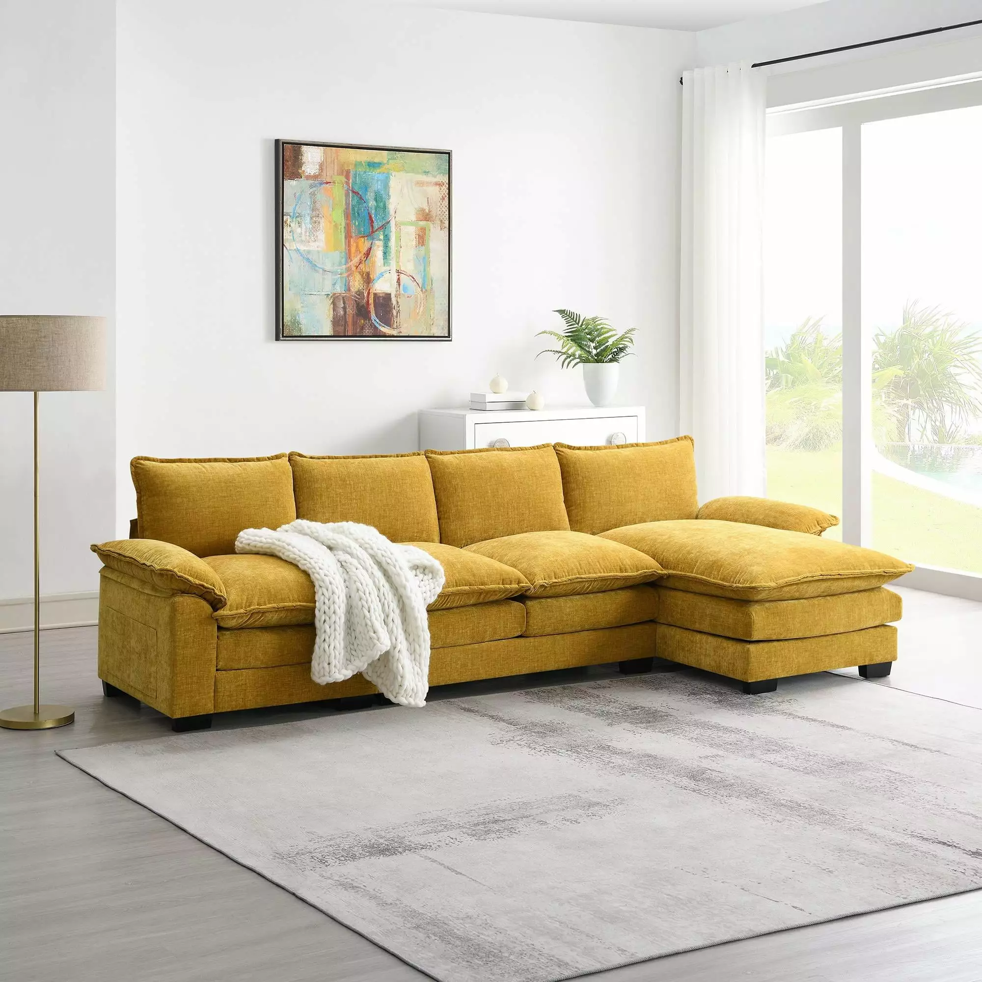 L-Shaped Sectional Couch with Chaise Lounge. Atumon 5-Seat Corner Couch. Modern Sectional Chenille Upholstered Sofa Furniture. L-Shaped Sectional Couch for Living Room Office Apartment. Yellow