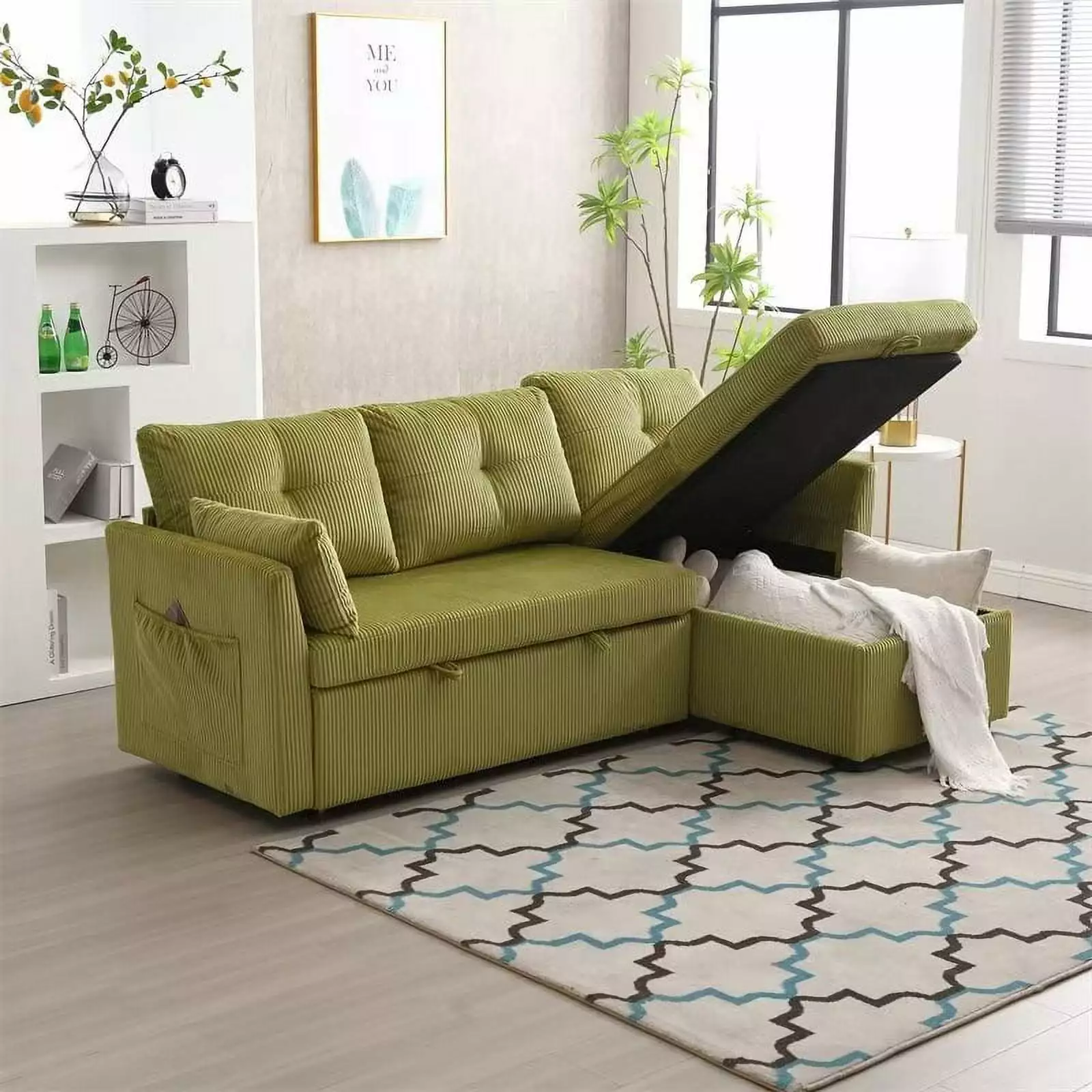 L-Shaped Sectional Sofa Couch with Reversible Chaise. 4 Seater Sofa with Pull Out Bed and Storage Seat. Modular Sectional Sofa Set for Living Room Small Space. Olive Green