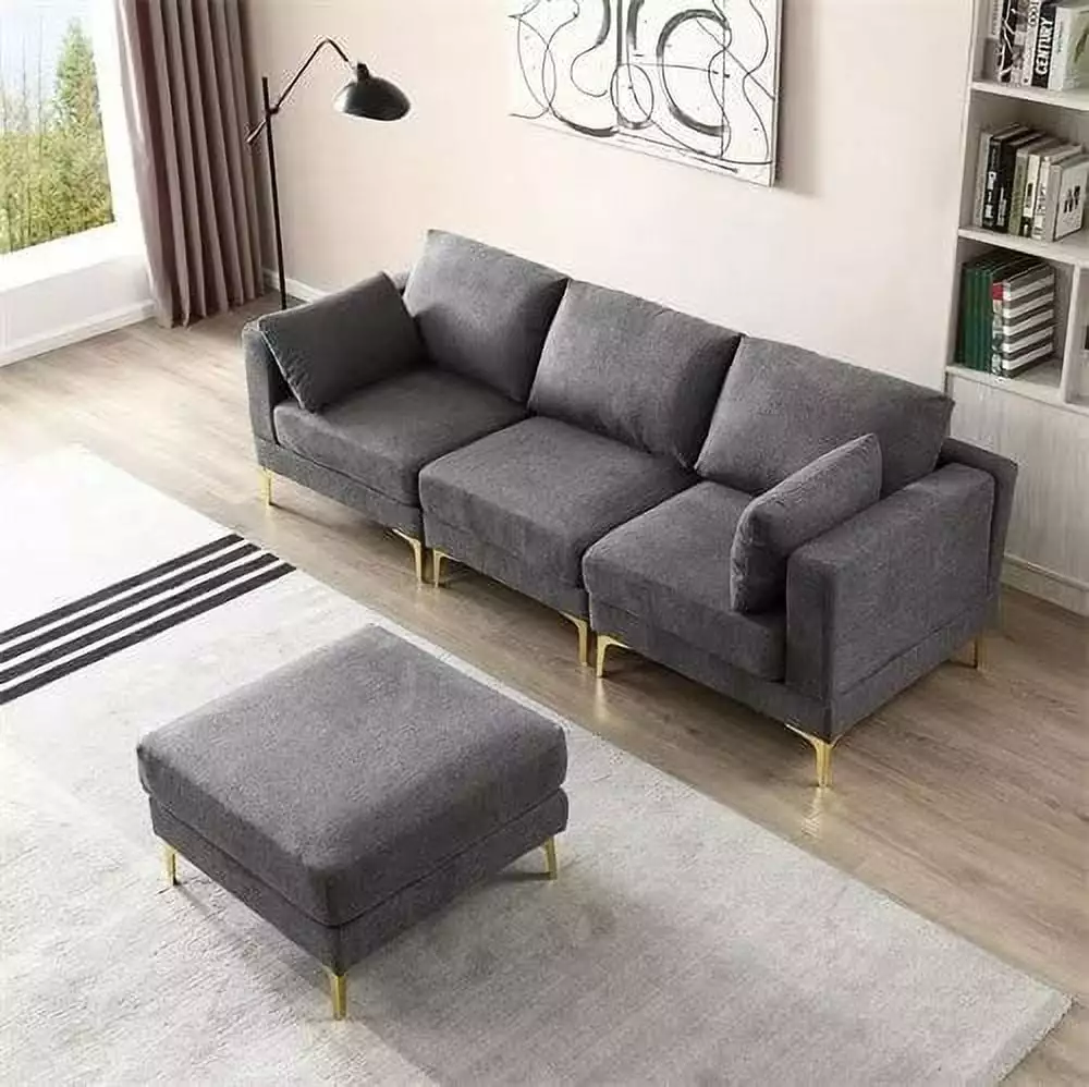 L-Shaped Sectional Sofa with Ottoman. 93 Inch Modern Fabric Upholstered Accent Sofa with 2 Pillows and Metal Legs. Convertible Modular Couch for Living Room Office. Dark Grey