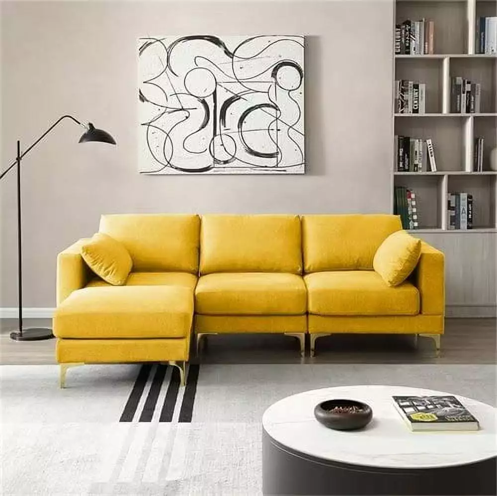 L-Shaped Sectional Sofa with Ottoman. 93 Inch Modern Fabric Upholstered Accent Sofa with 2 Pillows and Metal Legs. Convertible Modular Couch for Living Room Office. Yellow