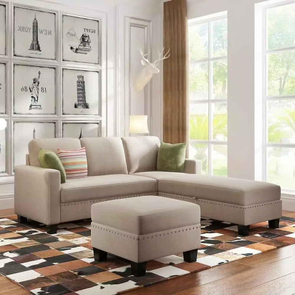 L-shaped Sectional Sofa with Ottoman. Futon Sofa Bed with Nailhead Trim and Thick Cushion for Living Room. Bedroom