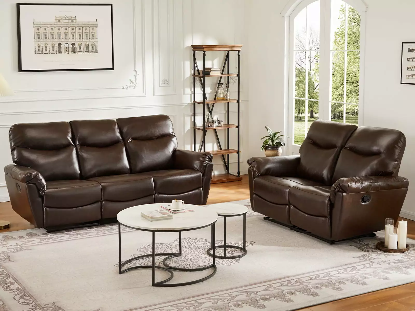 LARMACE Faux Leather Manual Recliner Sofa Set Loveseat Reclining Sofa and 3 Seat Recliner Sofa with Overstuffed Arms and Back 2 Pieces Reclining Sofa Couch Sets for Living Room. Brown (Loveseat+Sofa)