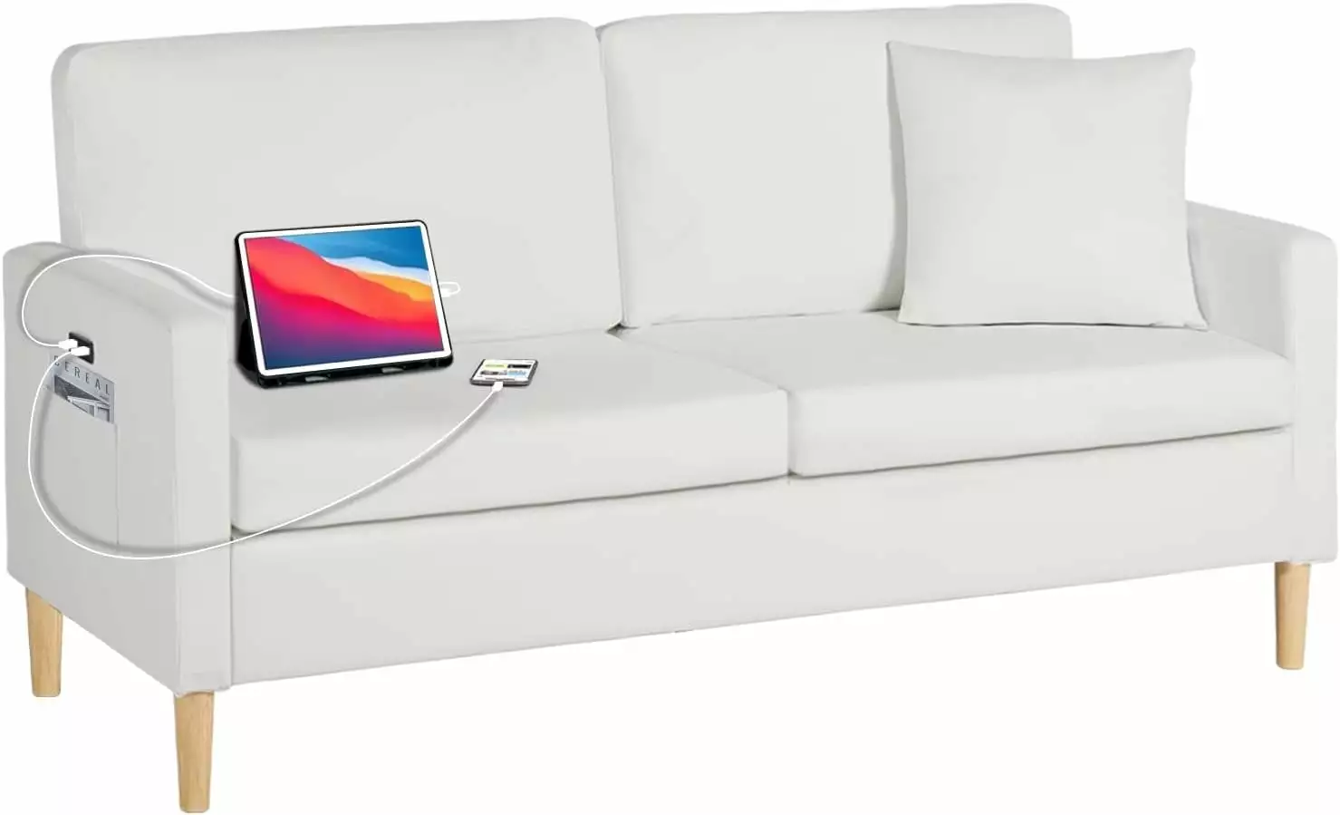 LAZZO 66 W Faux Leather Loveseat Sofa w/ 2 USB Charging Ports and Pillow. White