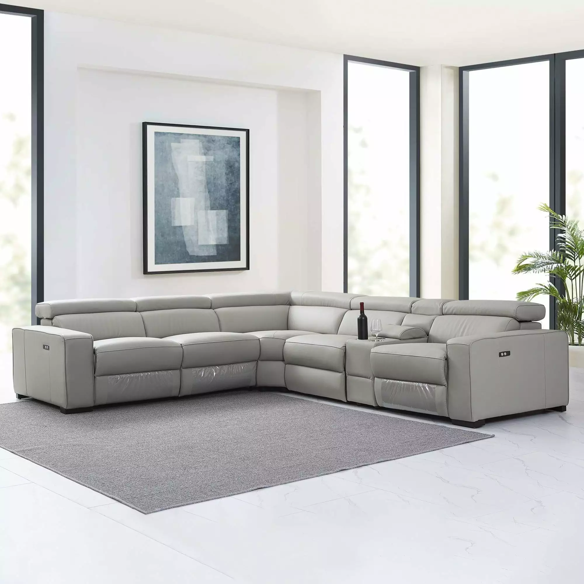 LOTUS Light Grey Top Grain Leather Sectional -122 with Power Recliners. Manual Headrest. and Storage Console