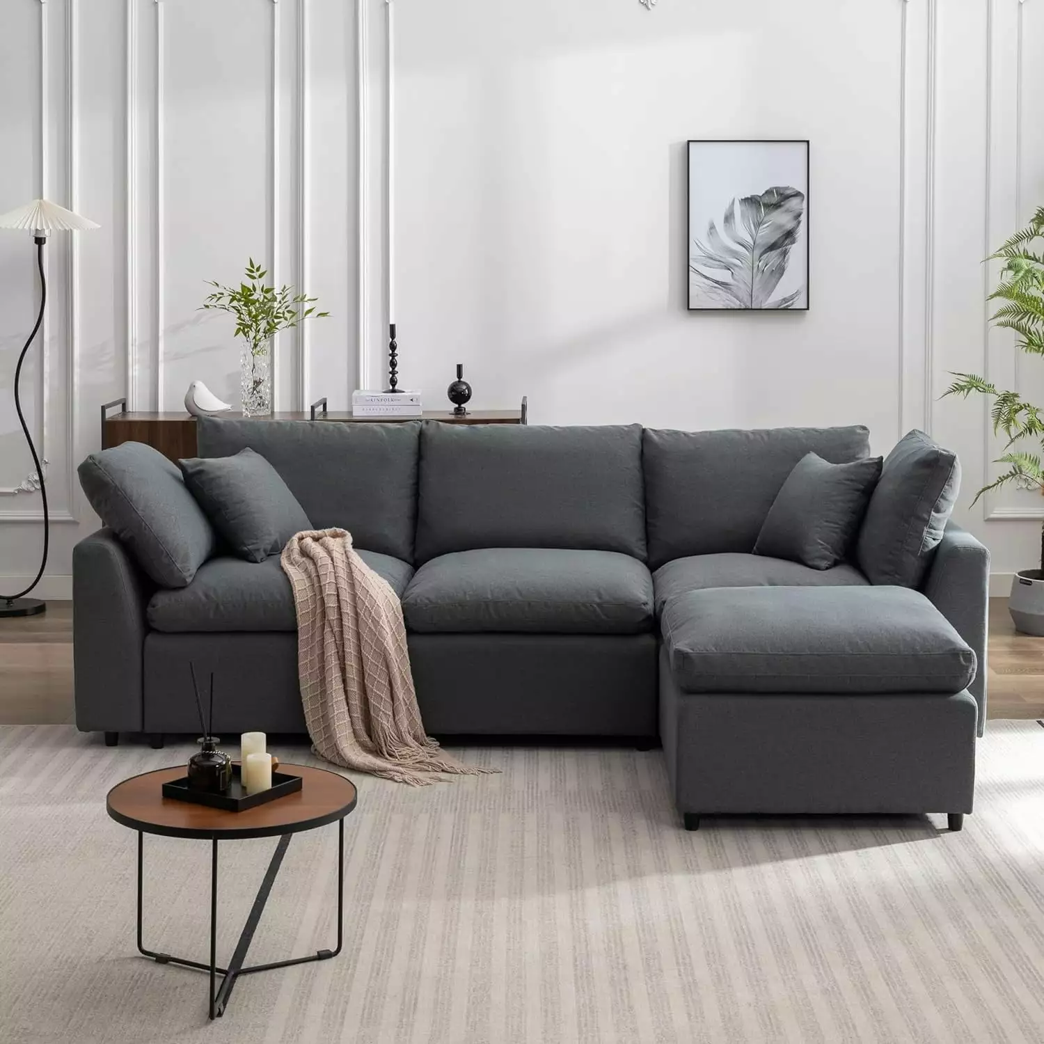 LUCKHAO 4 Seat Oversized Couches for Living Room .Modular Sectional Sofa. Down Filled Upholstery Convertible Sectional Sofa. L Shaped Couch with Reversible Chaise