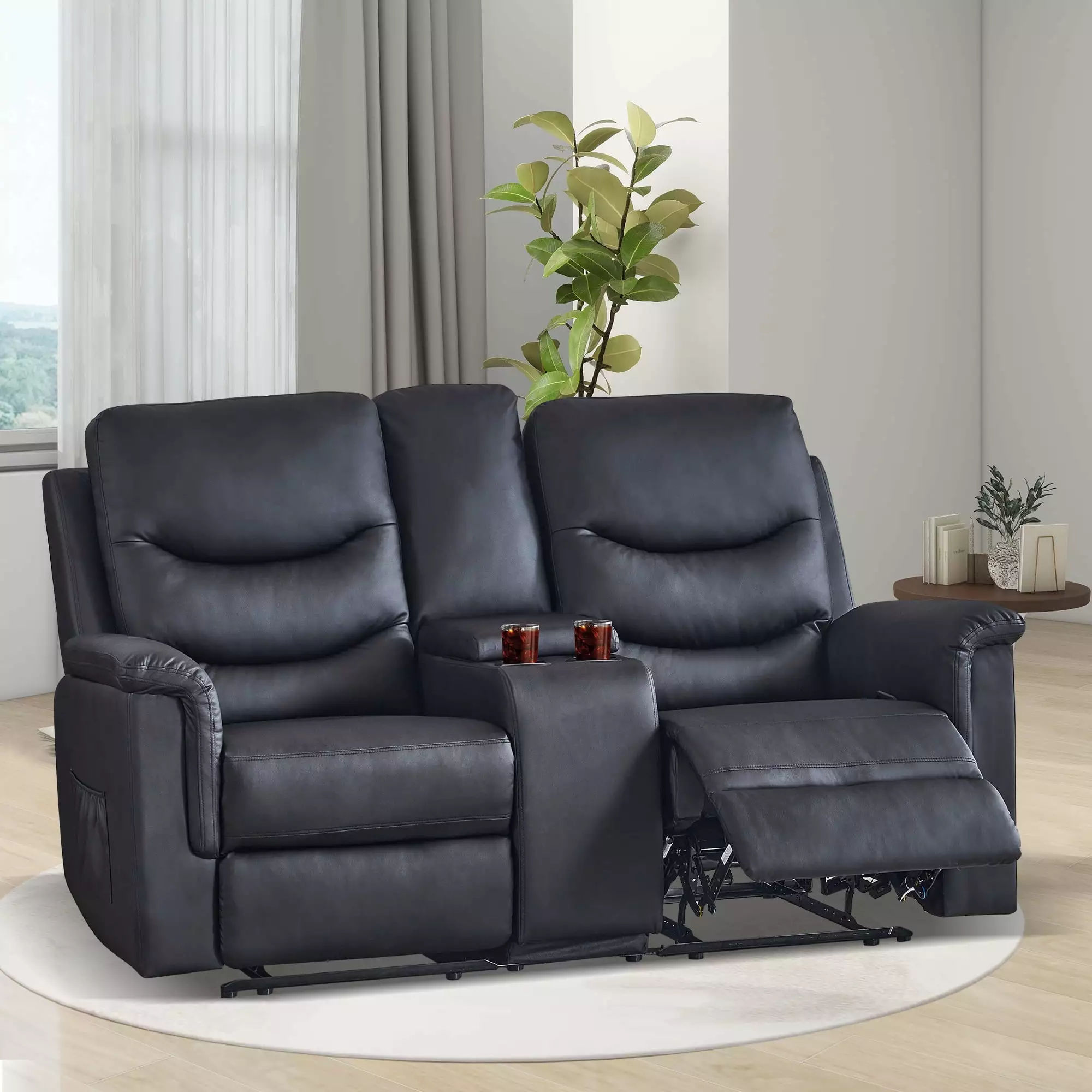 LVUYOYO Leather Recliner Modern Loveseat Sofa. Manual Reclining Loveseat with Console. RV Loveseat Recliner. Wall Hugger Loveseat Recliner with Cup Holder and Side Pocket for Living Room(Black)