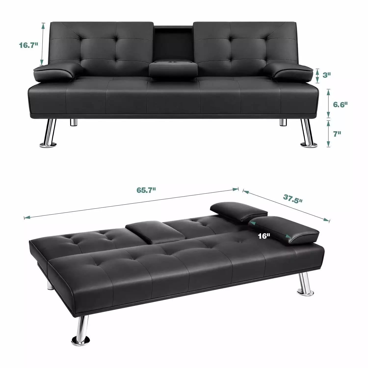 Lacoo Modern Faux Leather Convertible Futon with Cupholders & Pillows. 65 Black