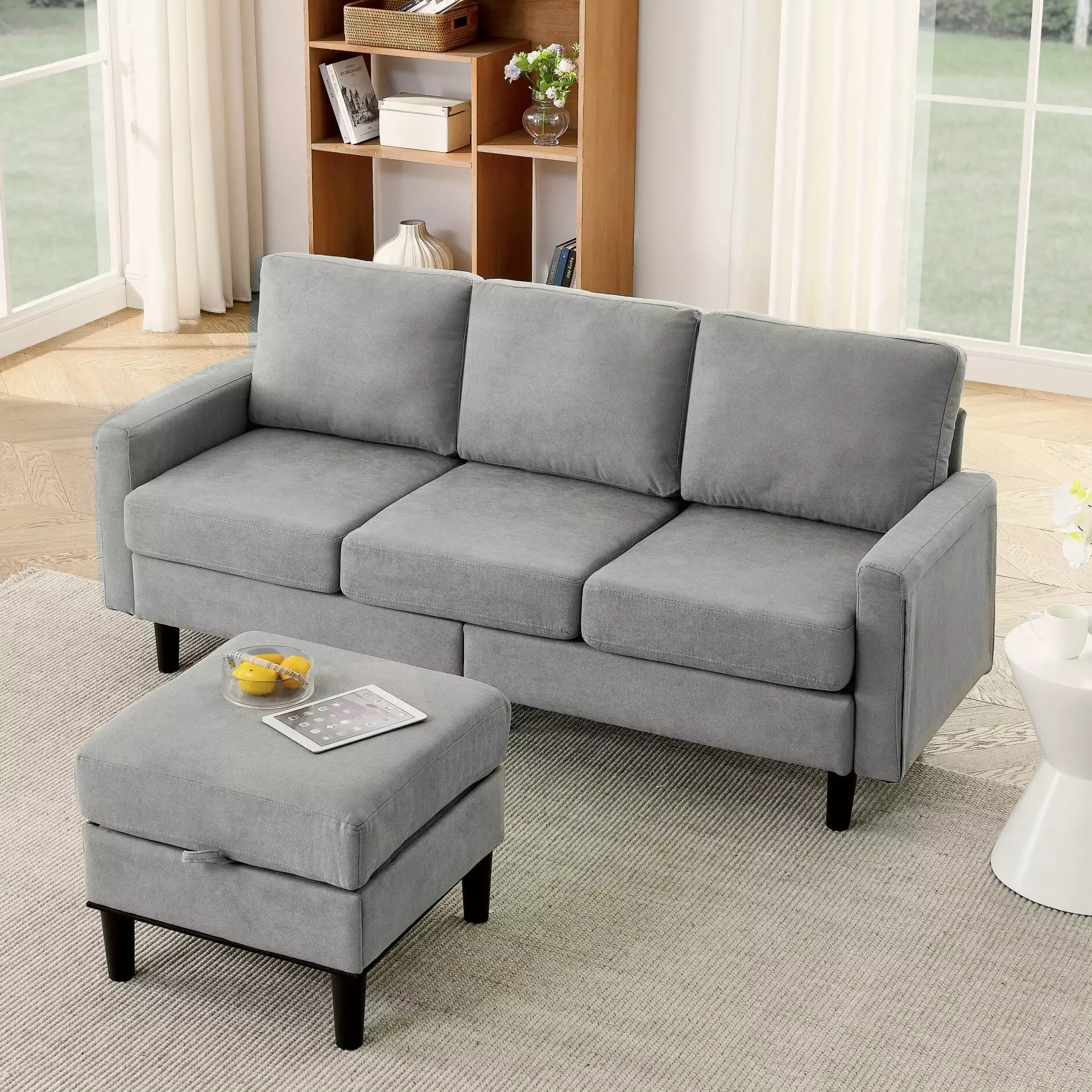 Large L-Shape Sleeper Sectional Sofa. Upholstered Sofa Set with Removable Ottoman and Storage Seat. 3-Seater Convertible Modular Sofa Bed with Reversible Chaise for Living Room Apartment.Light Gray