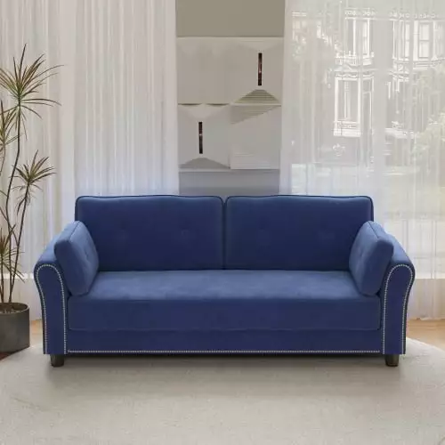 Leumius Modern Loveseat Sofa for Living Room. Modern 3-Seater Couch Velvet Sofa Cushions. Blue