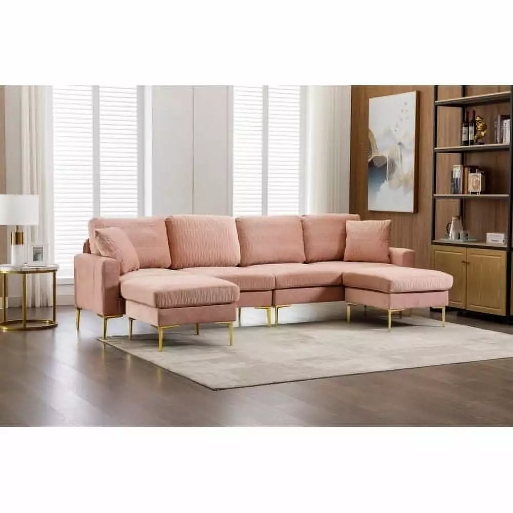 Leumius Modern Velvet Sectional Sofa.113 Upholstered U-Shaped Accent Sofa with Metal Feets 4-Seat Sofa Couch for Living Room.Pink