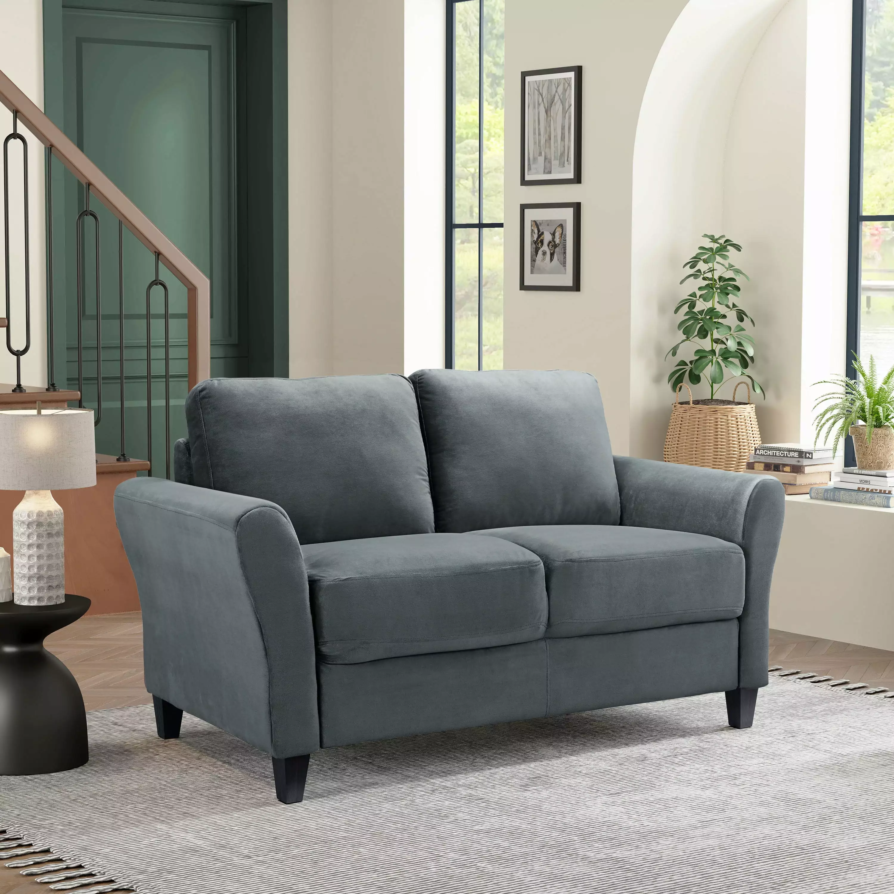 Lifestyle Solutions Alexa Loveseat with Rolled Arms. Gray Fabric