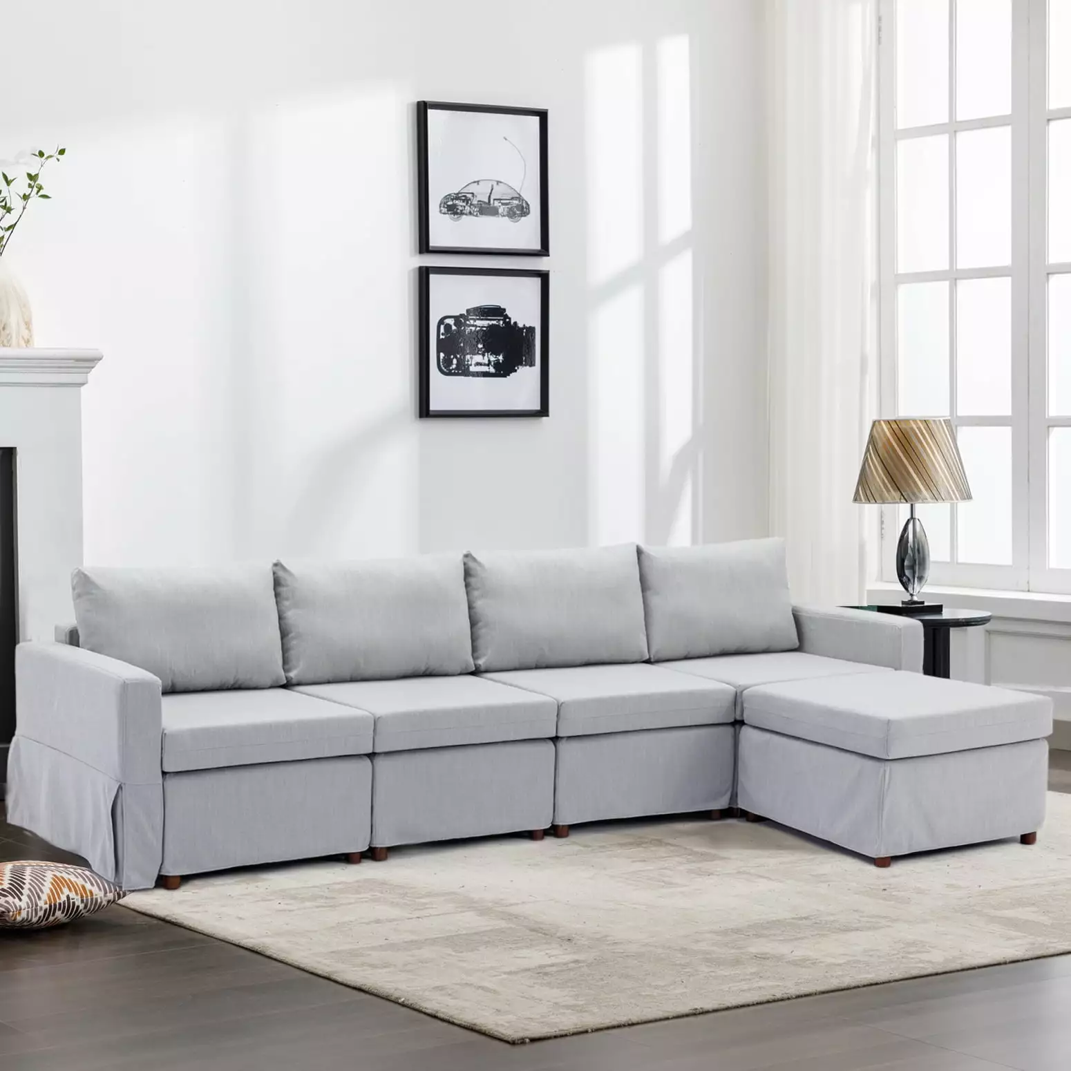 Light Grey 4-Seat Sectional Sofa with Ottoman for Contemporary Living. Linen Fabric & Rubberwood Frame. Comfortable & Durable with Removable. Washable Seat & Back Cushions. Easy Assembly