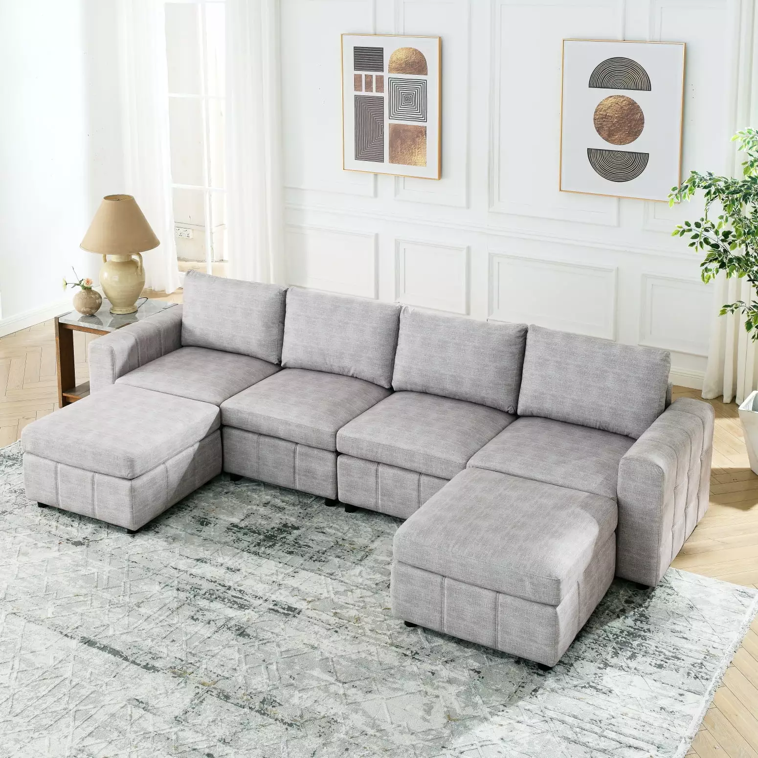 Light Grey U-Shaped Modular Sofa with Ottomans - Spacious 4-Seater Sectional. Soft Fabric & Eucalyptus Frame - Modern Styling. Versatility. and Comfort for Living Rooms