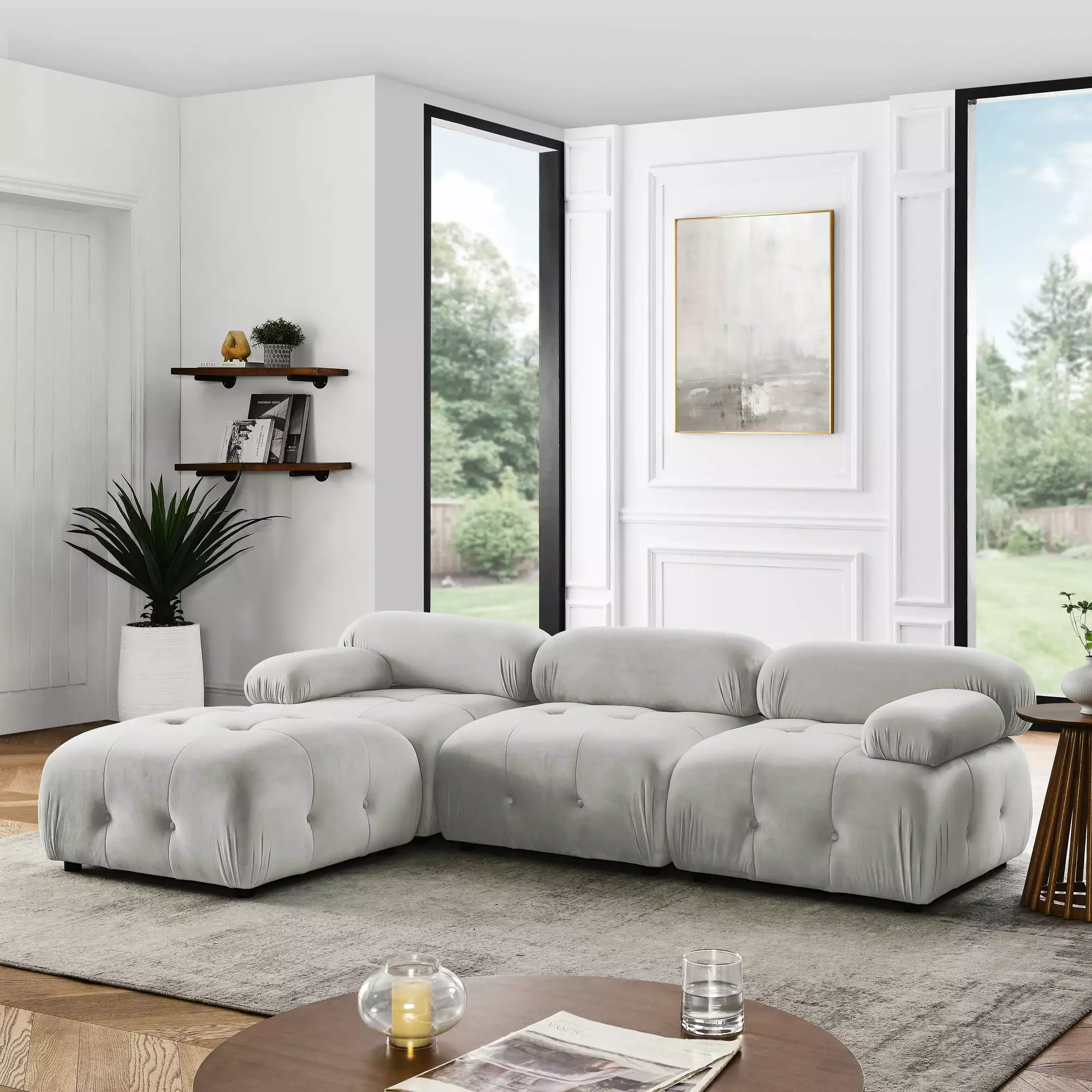 Light Grey U-shaped Velvet Sectional Sofa with High-Density Foam. Plastic Legs. Comfortable Modular Design. Soft Pillow Top Arms and Tight Back. Suits Living Room and Conference Room