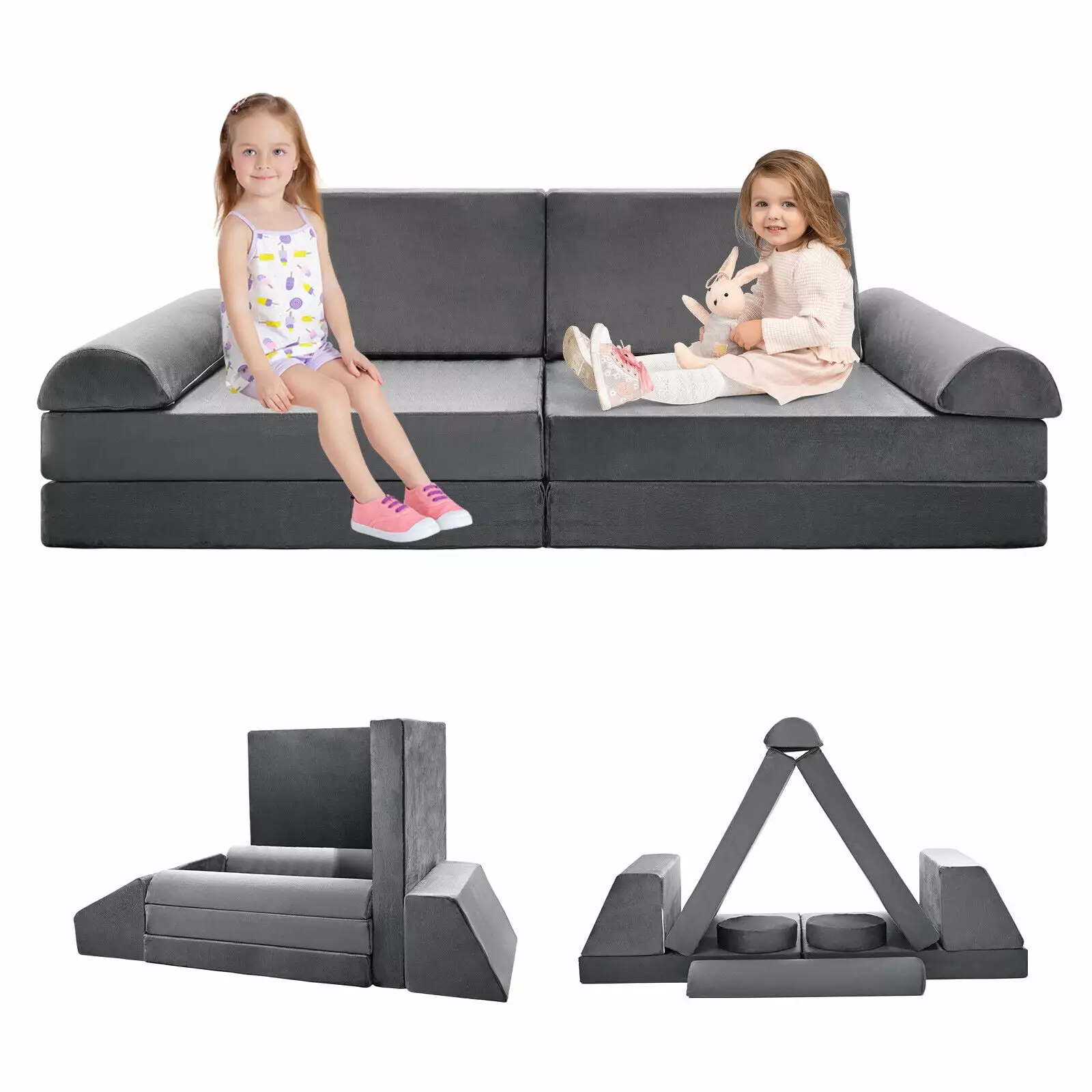 Lilypelle Kids Couch Sofa Modular Toddler Couch for Bedroom Playroom. 10-pcs 62.9(L)x31.4(W)x20(H) Fold Out Couch Play Set .Children Convertible Sofa Kids Foam Couch. Grey