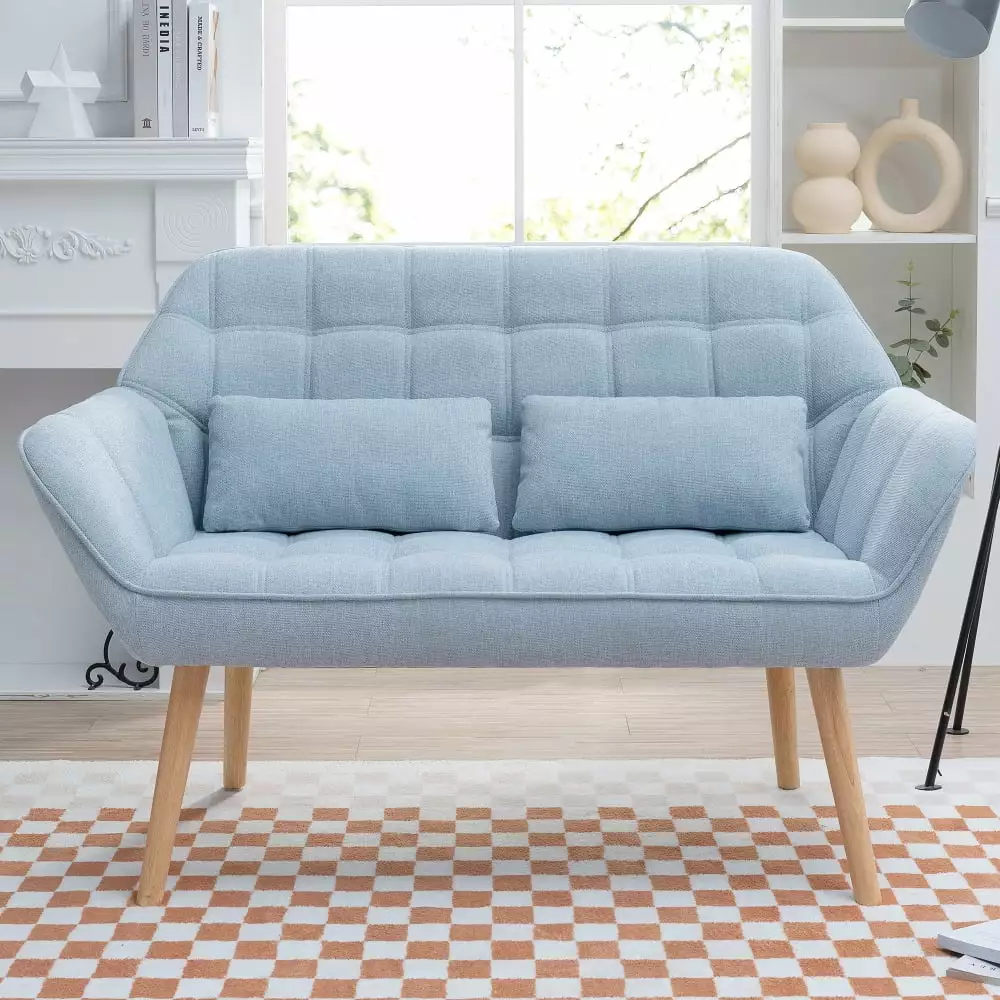 Linen Fabric Loveseat Sofa. Ergonomic Leisure Sofa with 2 Pillows and Wood Legs. for Living Room. Bedroom. Home. 50 Width. Blue