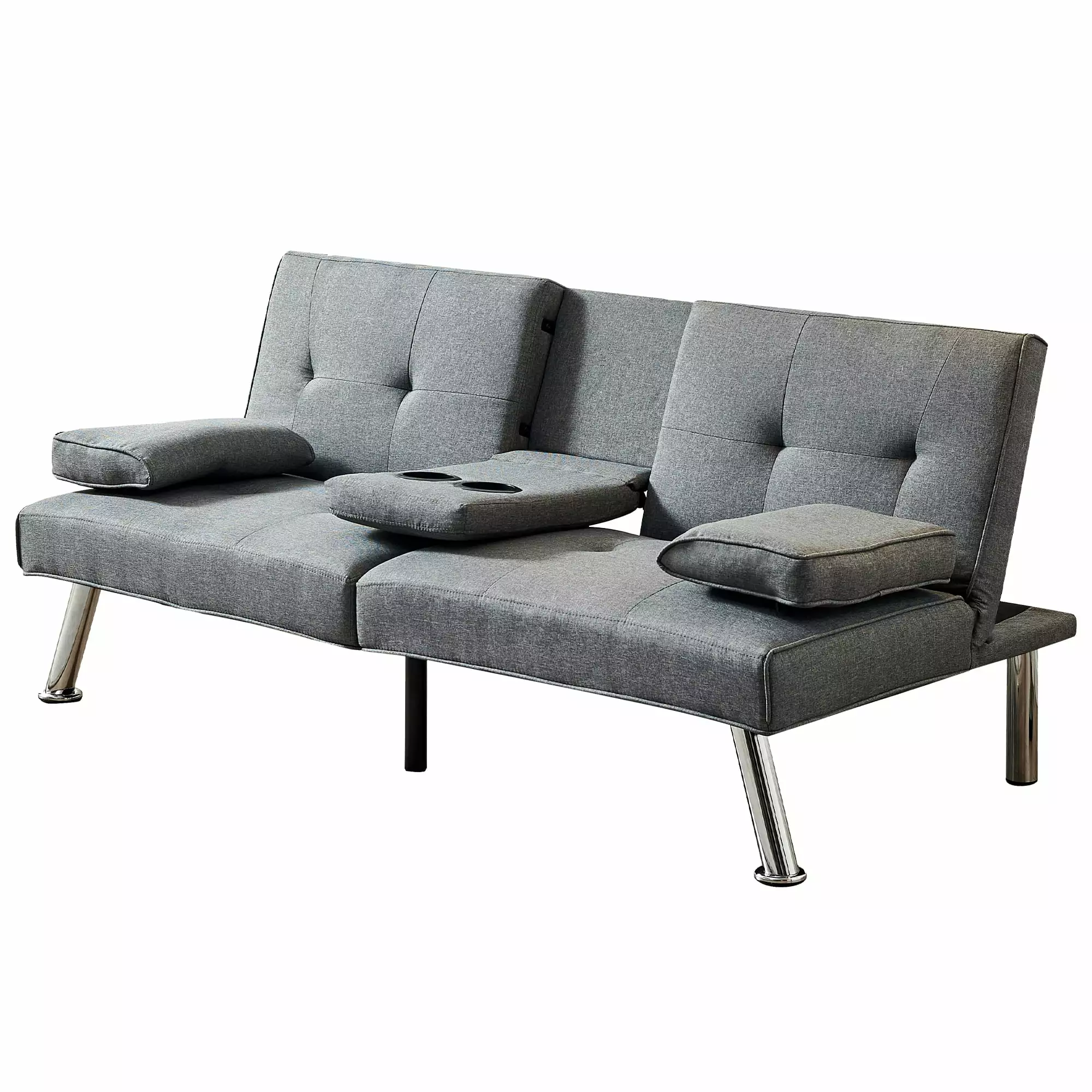 Linen Fabric Modern Sofa Bed Futon Couch Bed Folding Recliner Sleeper Reversible Loveseat Convertible Daybed. 2 Cup Holders. 3 Angles. Removable Armrests. Gray