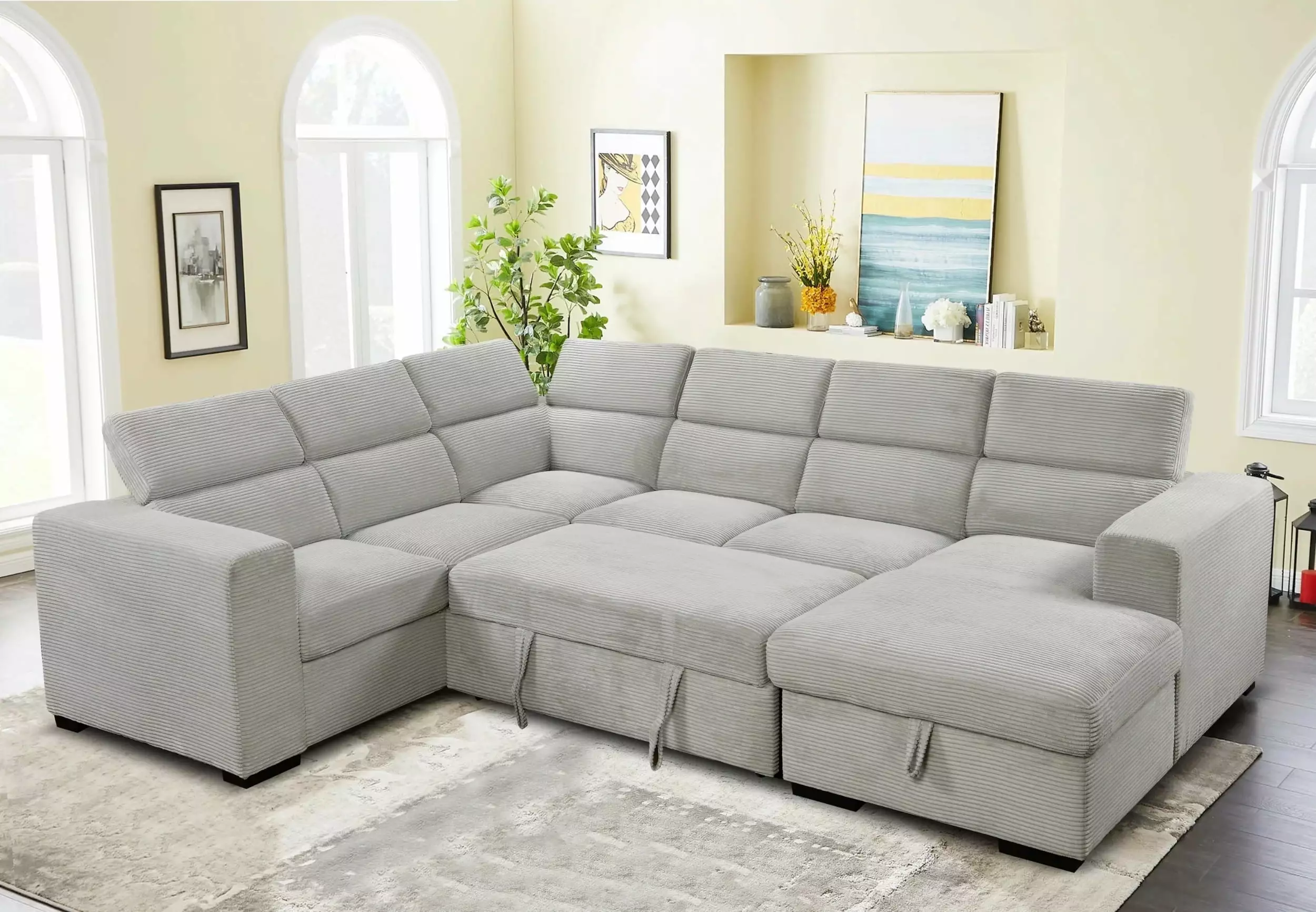 Living Pavilion 123 Oversized Modern U-Shaped 7-seat Sectional Sofa Couch with Adjustable Headrest. Sofa Bed with Storage Chaise.Pull Out Couch Bed for Living Room .Light Gray