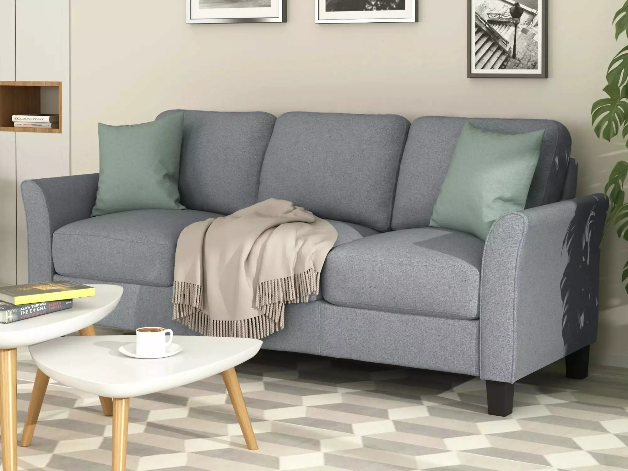 Living Pavilion 3-Seat Sofa Living Room Linen Fabric Sofa. Gray