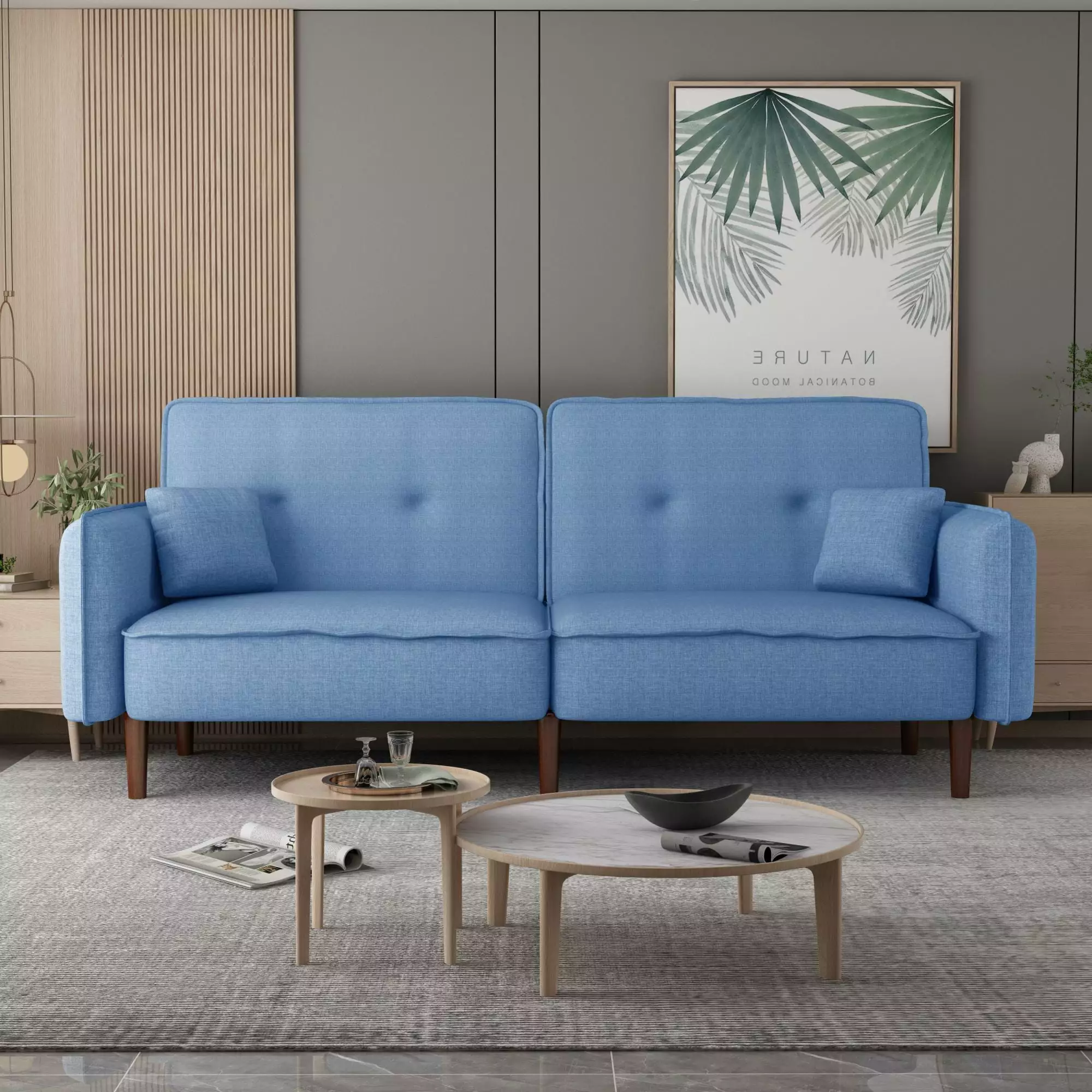 Living Room Bed Room Leisure Futon Sofa Bed In Blue Fabric With Solid Wood Leg