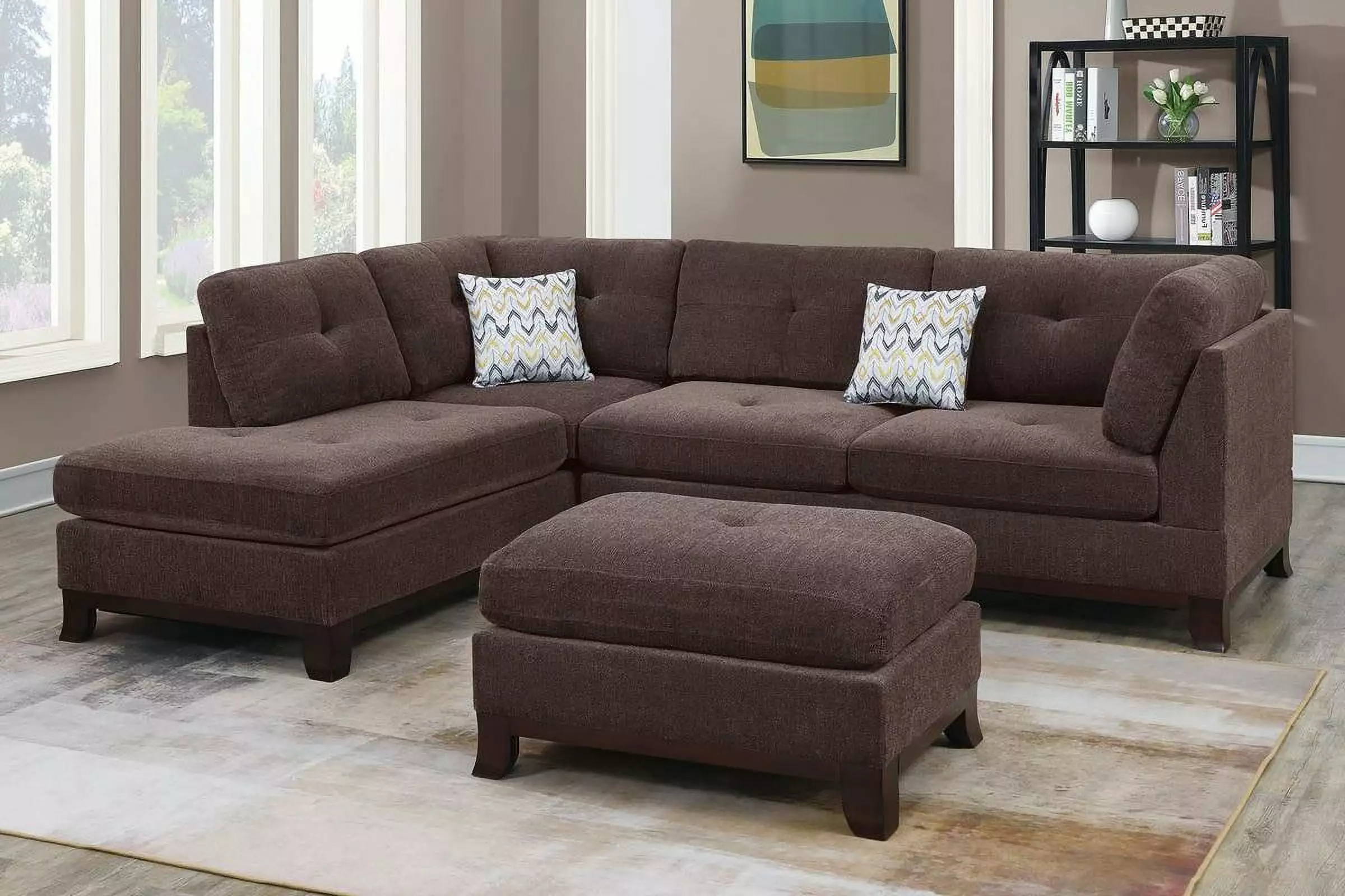 Living Room Furniture Chenille Fabric Dark Coffee Reversible Sectional Sofa Chaise Couch Pillows Cocktail Ottoman Plush Cushion Wooden Legs