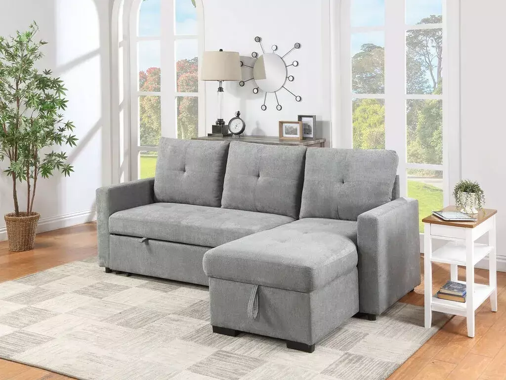 Living Room Furniture Couch Gray Fabric Reversible Sleeper Sectional Sofa with Storage Chaise