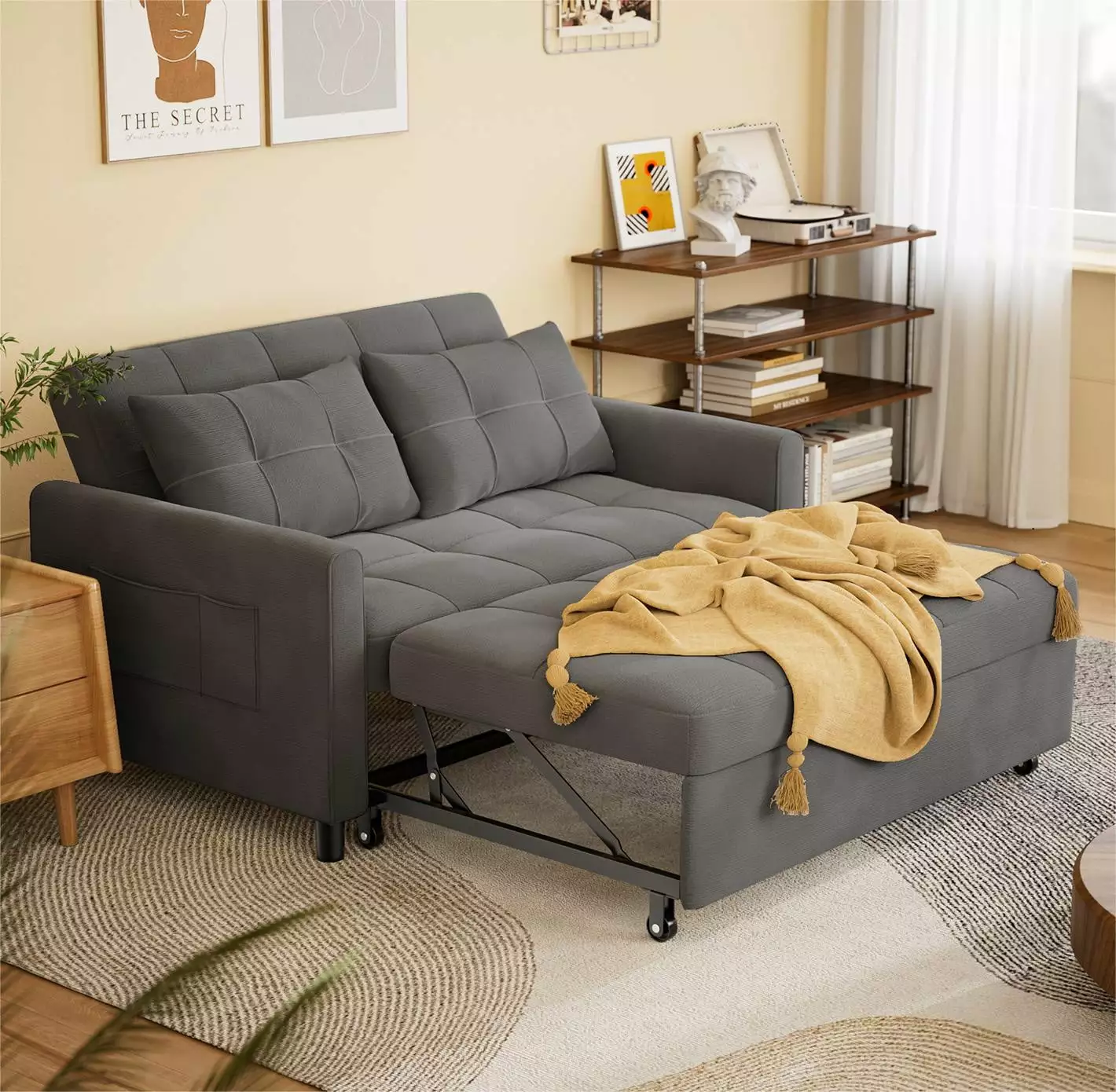 Convertible Sleeper Sofa Bed with Pull Out Couch. Lofka 3-in-1 Single Recliner with Adjustable Backrest & Throw Pillows & Side Pockets. Casual Sleeper Loveseat for Living Room. Dark Gray