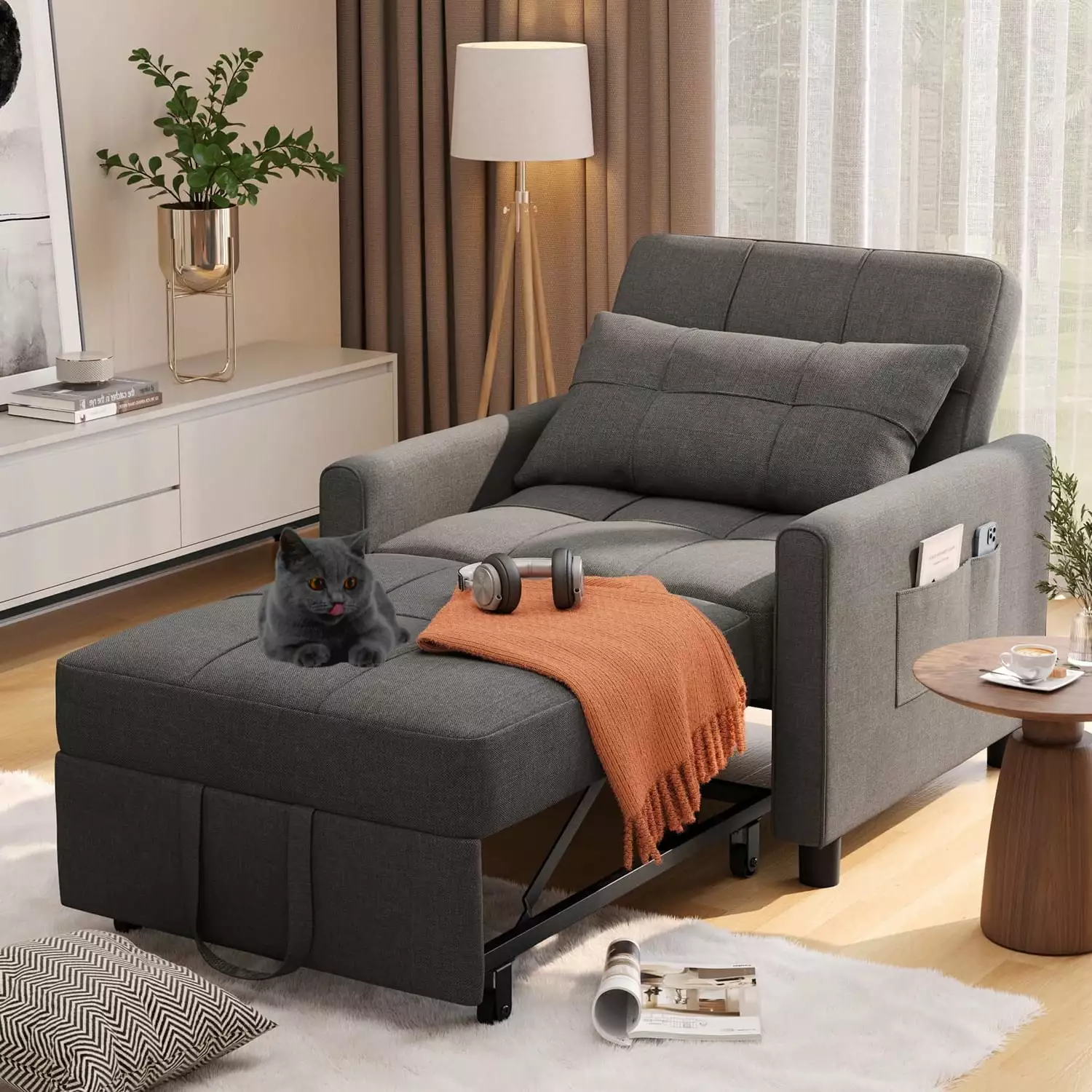 Lofka Sofa Bed. Adjustable Chair Bed 3 in 1 Sleeper Couch Bed with Metal Frame. Dark Gray