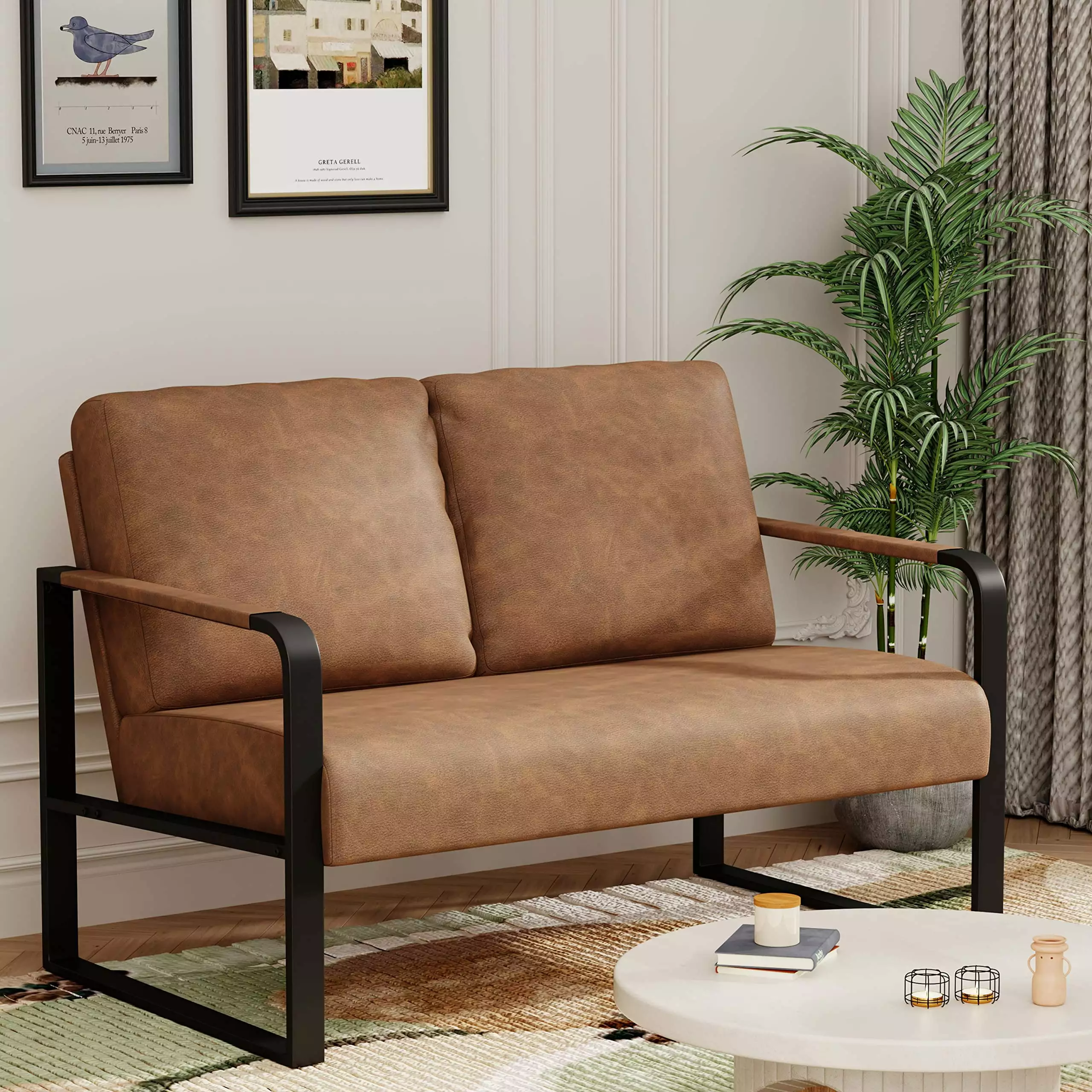 Love Seat Mini Couch Small Sofa Settee Loveseat Bench for Living Room. Faux Leather Loveseat Sofa Small Sofa Couches for Small Spaces with Padded Cushio small couches for small spaces