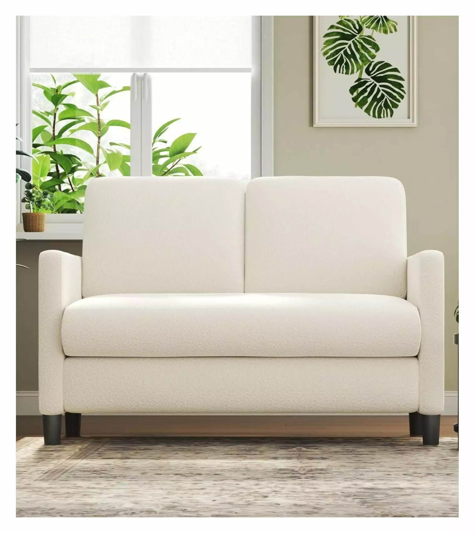 Loveseat Sofa. 51 Small Sofa Couch for Bedroom. Comfy Teddy Fleece Love Seat. Tool- Setup Sofas for Living Room. All-Wood Couches for Living Room. Small Couch No Pillow. Beige White