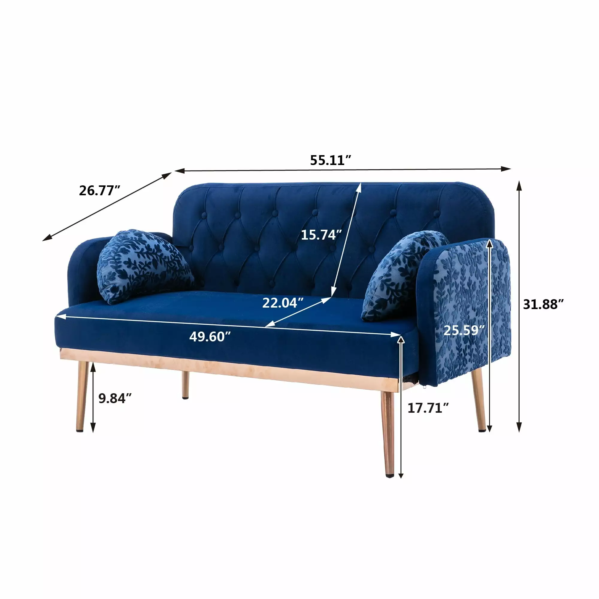 Loveseat Sofa with Metal Feet Navy Velvet